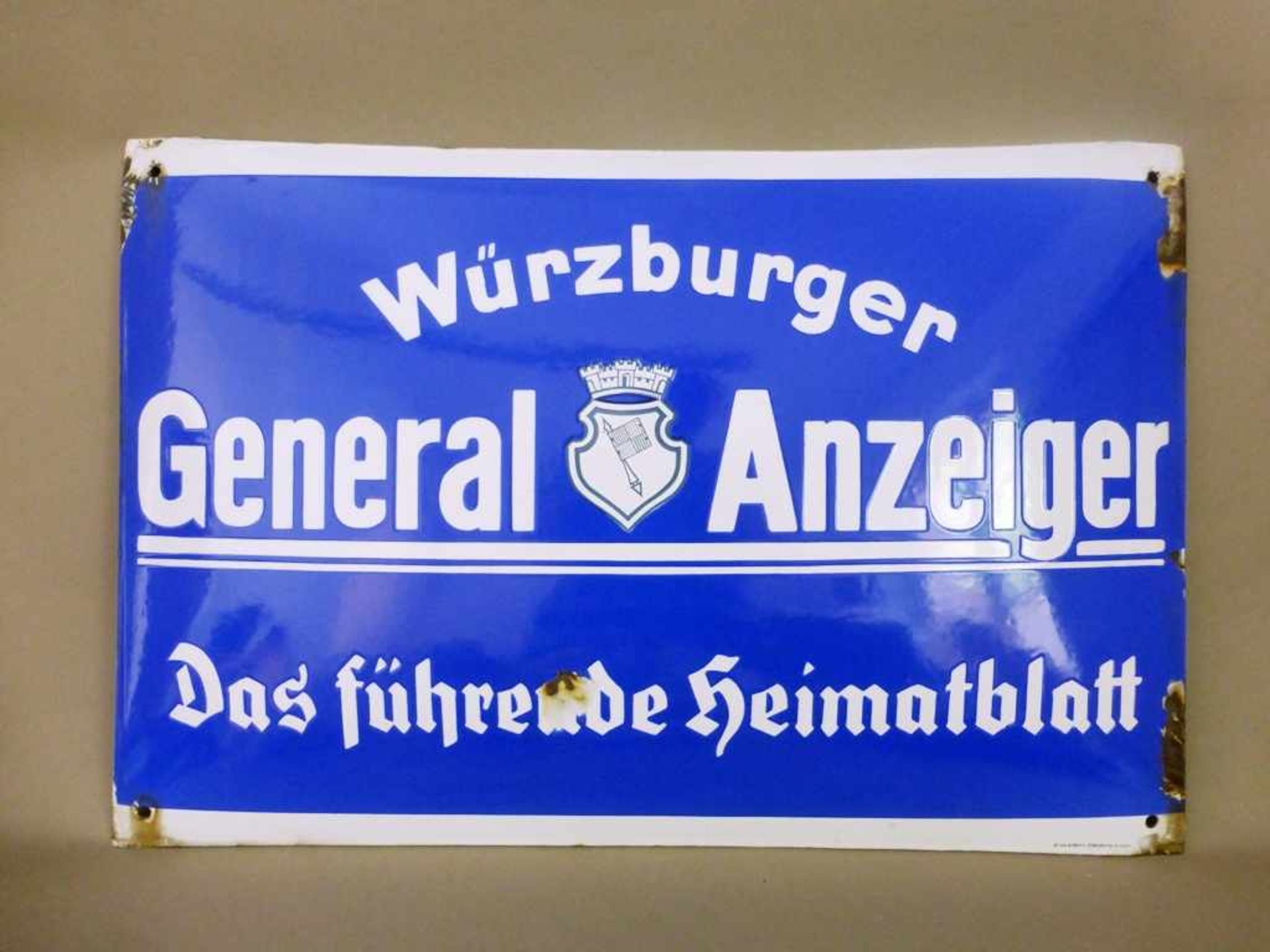 Altes Reklameschild um 1940, Emailleschild "Würzburger Generalanzeiger - Das führendeHeimatblatt",