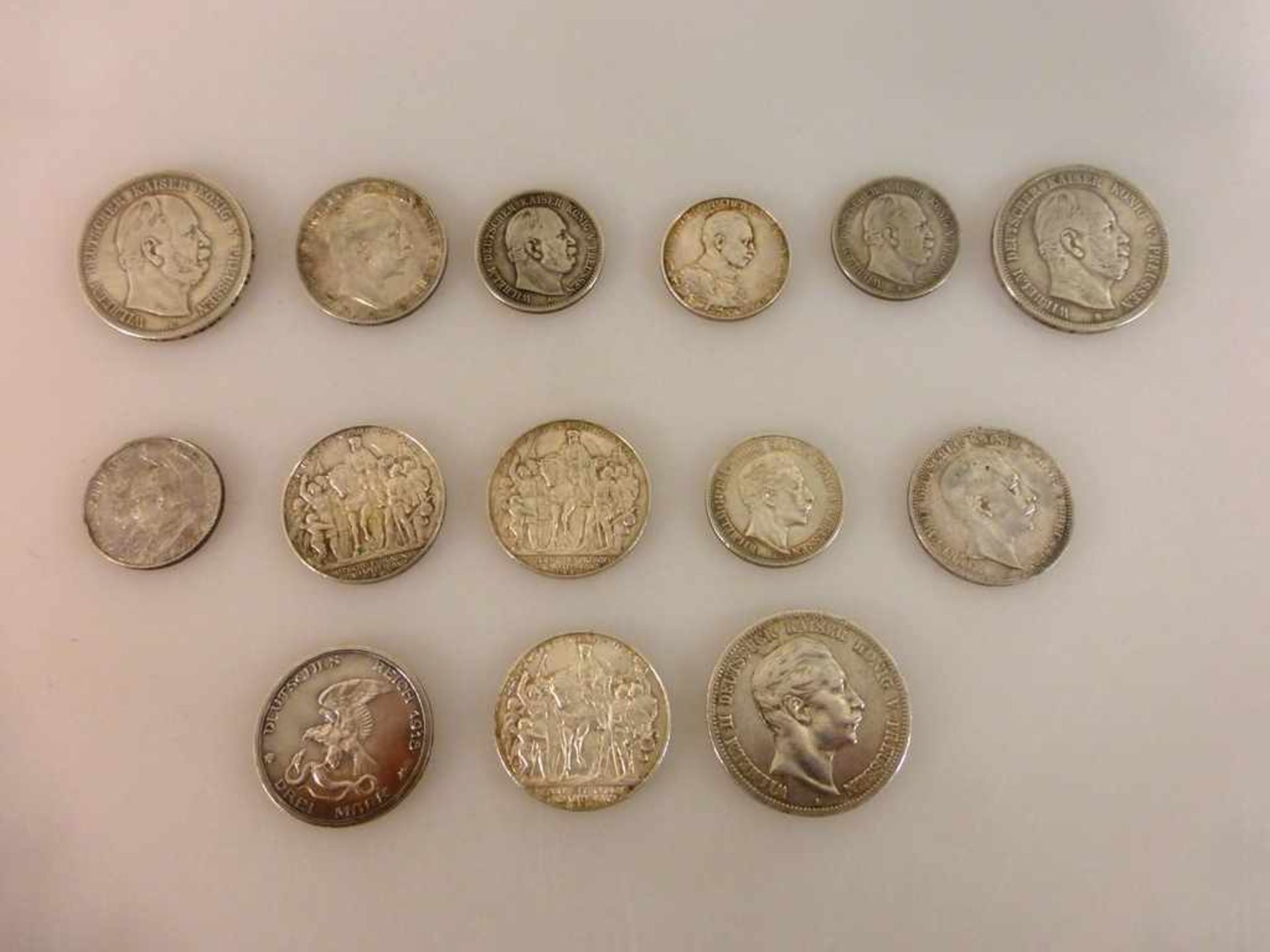 Kaiserreich Preussen, 14 Silbermünzen, 5 Mark 1876C (Jaeger 97), 1875 B, 1895 (J104), 3Mark 1909 (
