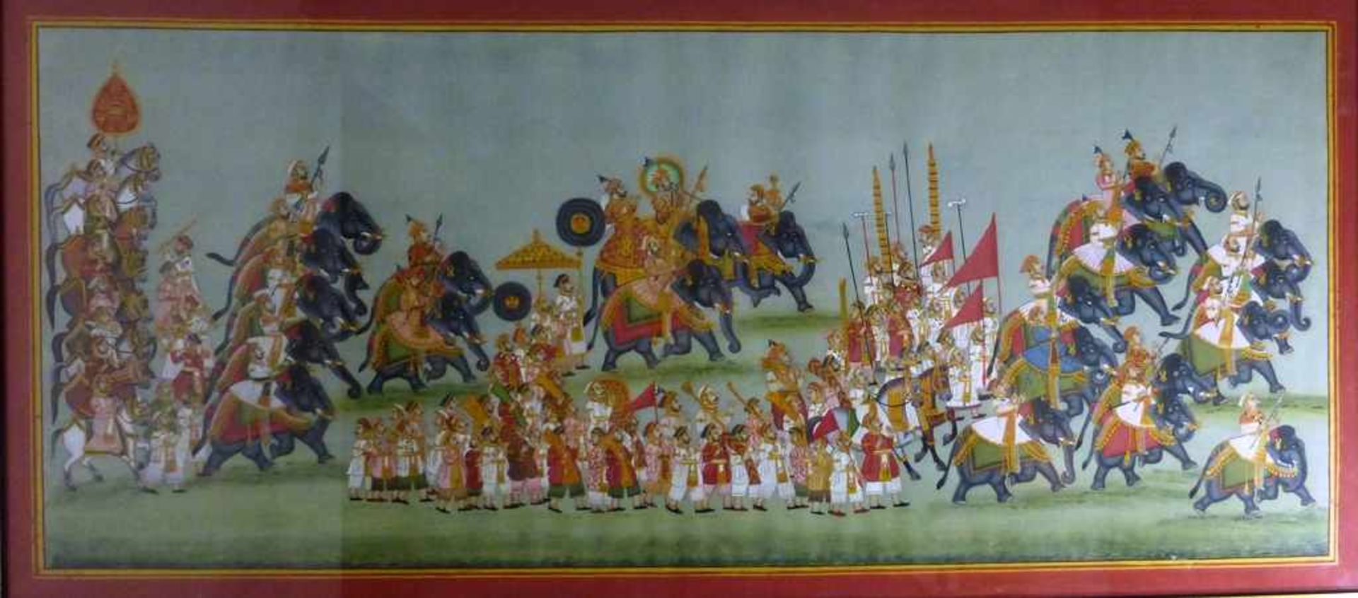 Großformatige Lupenmalerei, Indien 1.H.20.Jh., vielfigurige Darstellung von Kriegern mitElefanten,