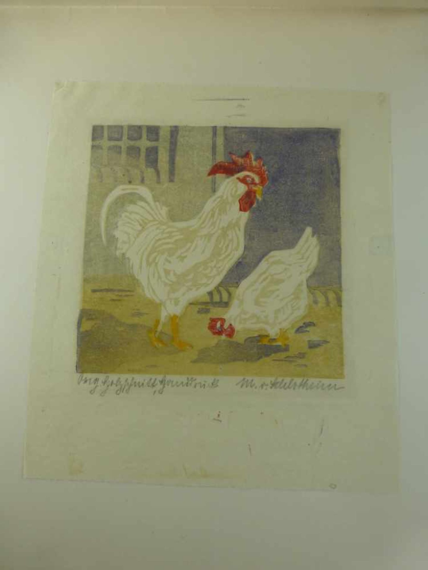 Schlotheim von, Margot (1884 - 1974), Farbholzschnitt "Hühner", sign. u. bez. Orig.Holzschnitt