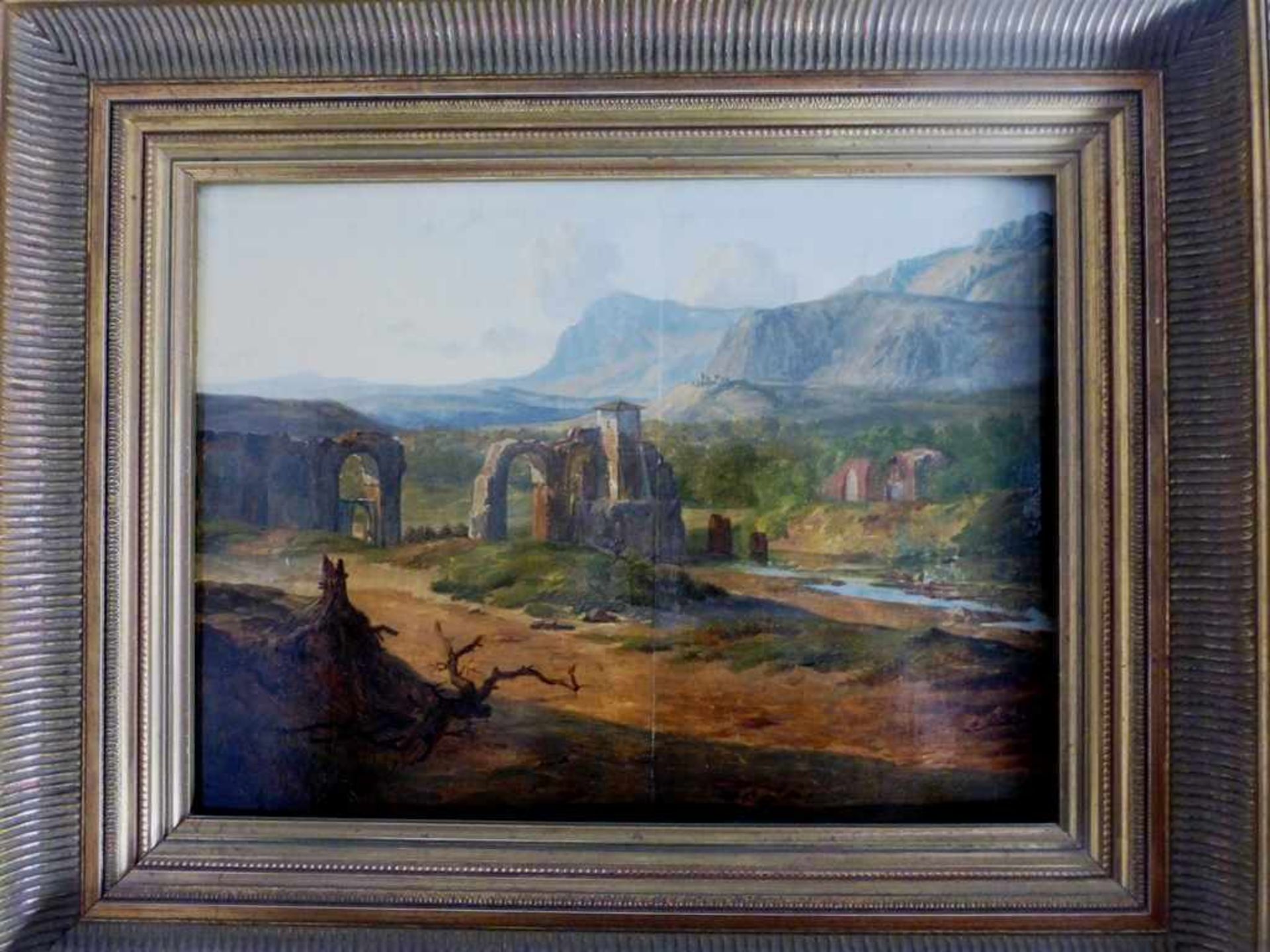 Deutscher Romantiker, 1.H.19.Jh., Öl/Holz, "Italienische Landschaft", i.R. 48cm x 40cm- - -18.00 %