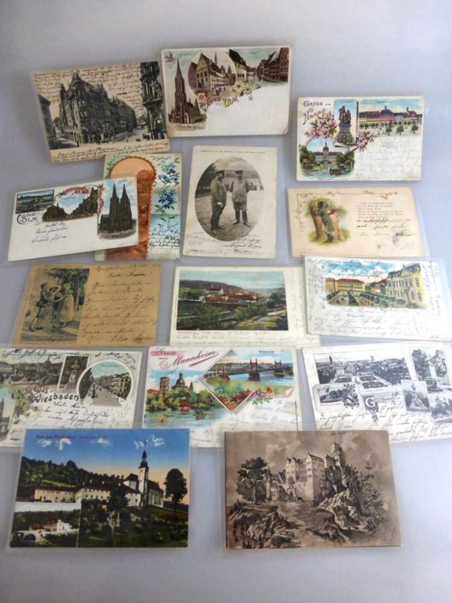 15 Ansichtskarten, Vorkrieg, darunter Lithos von Mannheim, Wiesbaden, Offenbach, Köln,Hanau und Ulm,