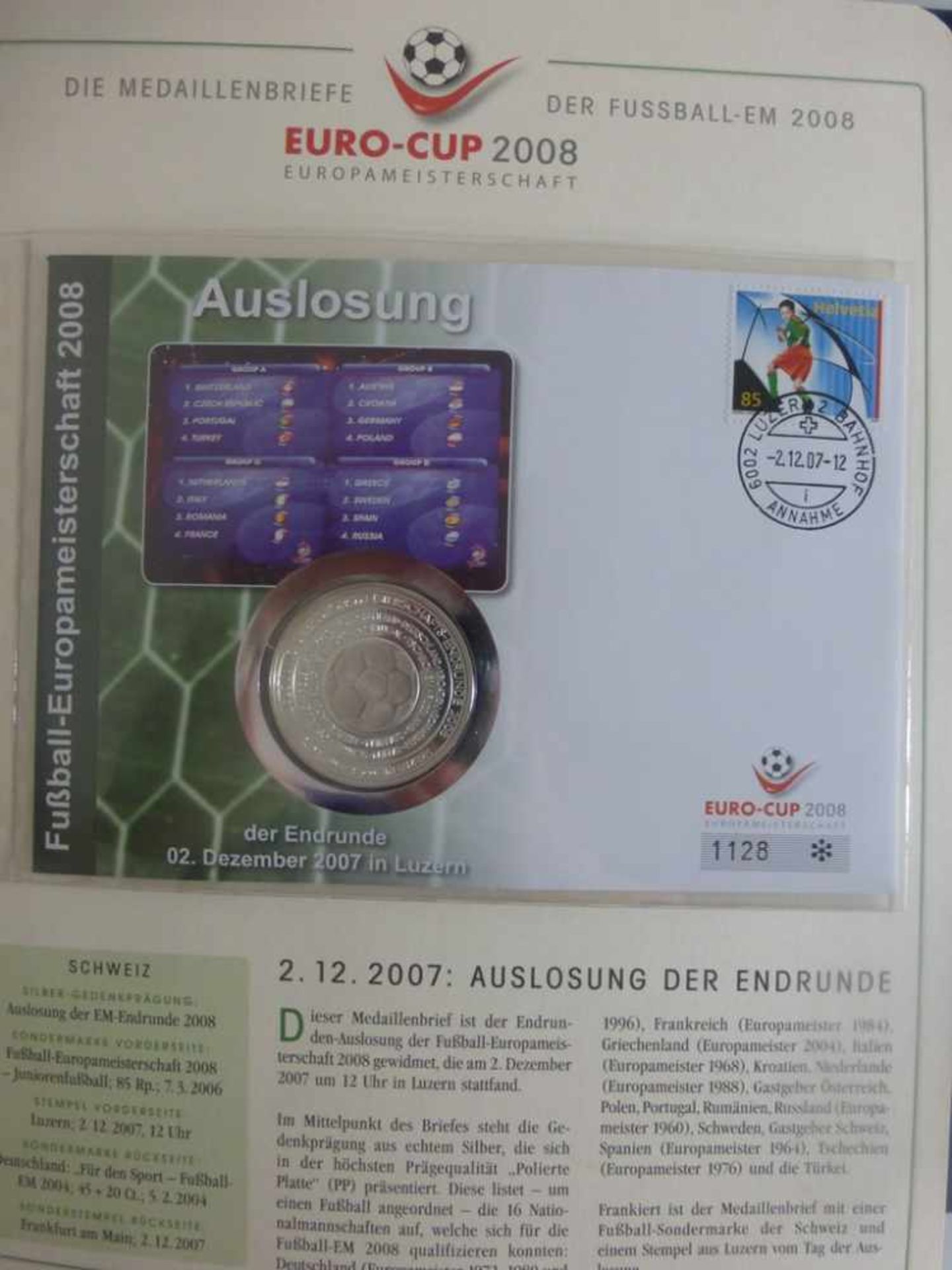 Die offizielen Medaillenbriefe der Euro Cup 2008, schöne Sammlung der Deutschen Post mit19 - Bild 2 aus 2