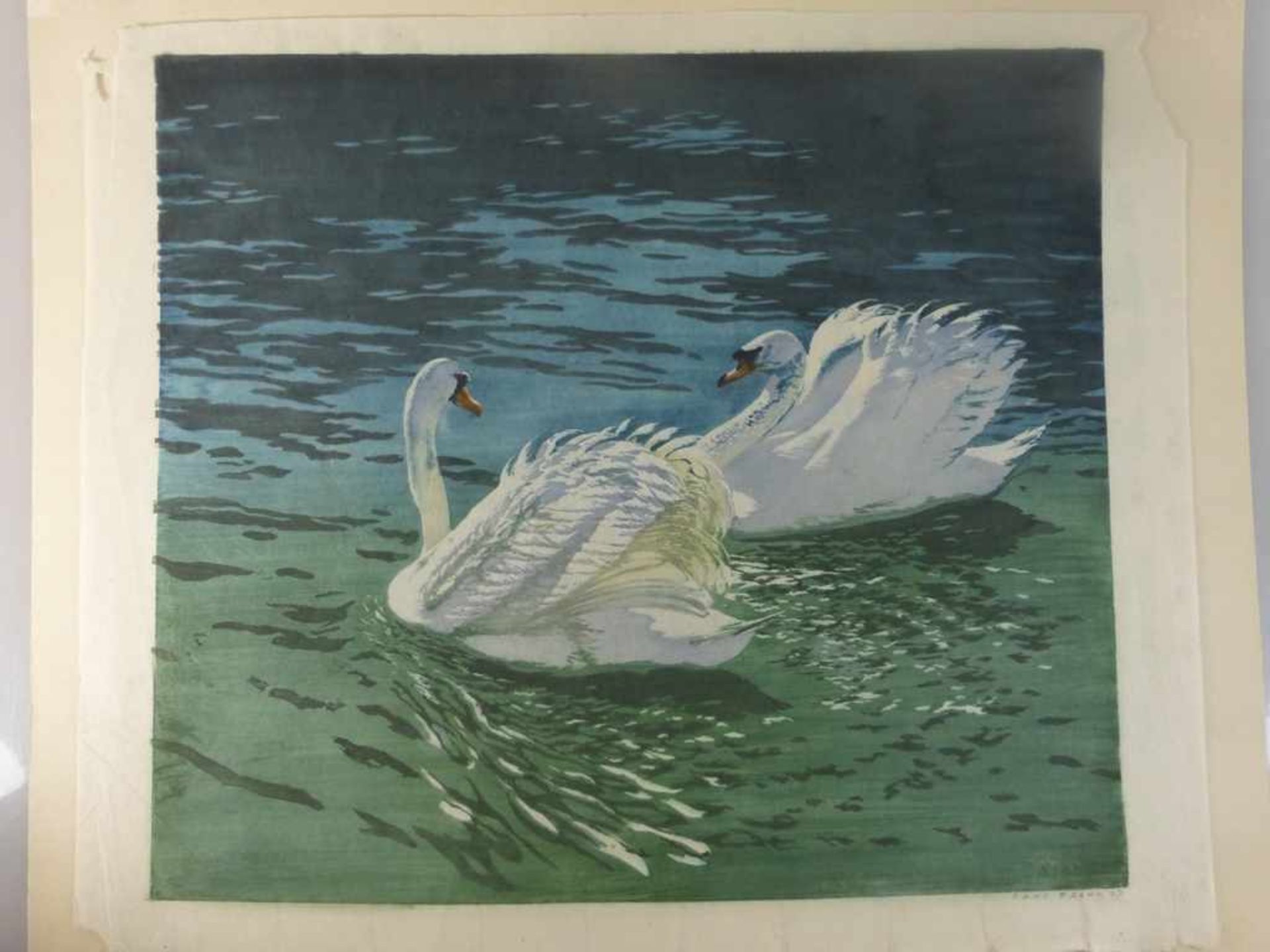 Hans, Frank (1884 Wien - 1948 Salzburg), "Schwäne auf dem Wasser", Farbholzschnitt aufdünnem Papier,