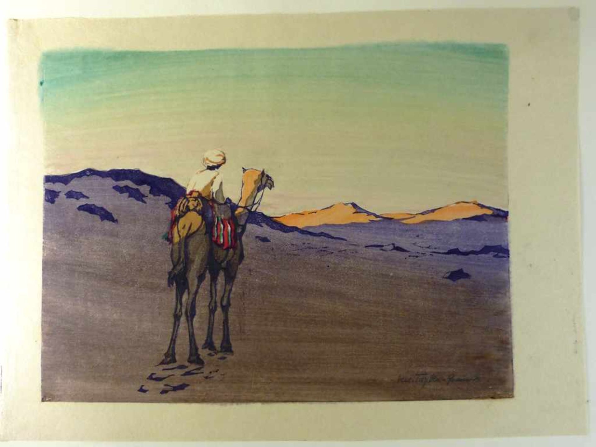 Tüpke - Grande, Helene (1871 Reudchen b. Wohlau - 1946 Breslau), Farbholzschnitt,Wüstenlandschaft