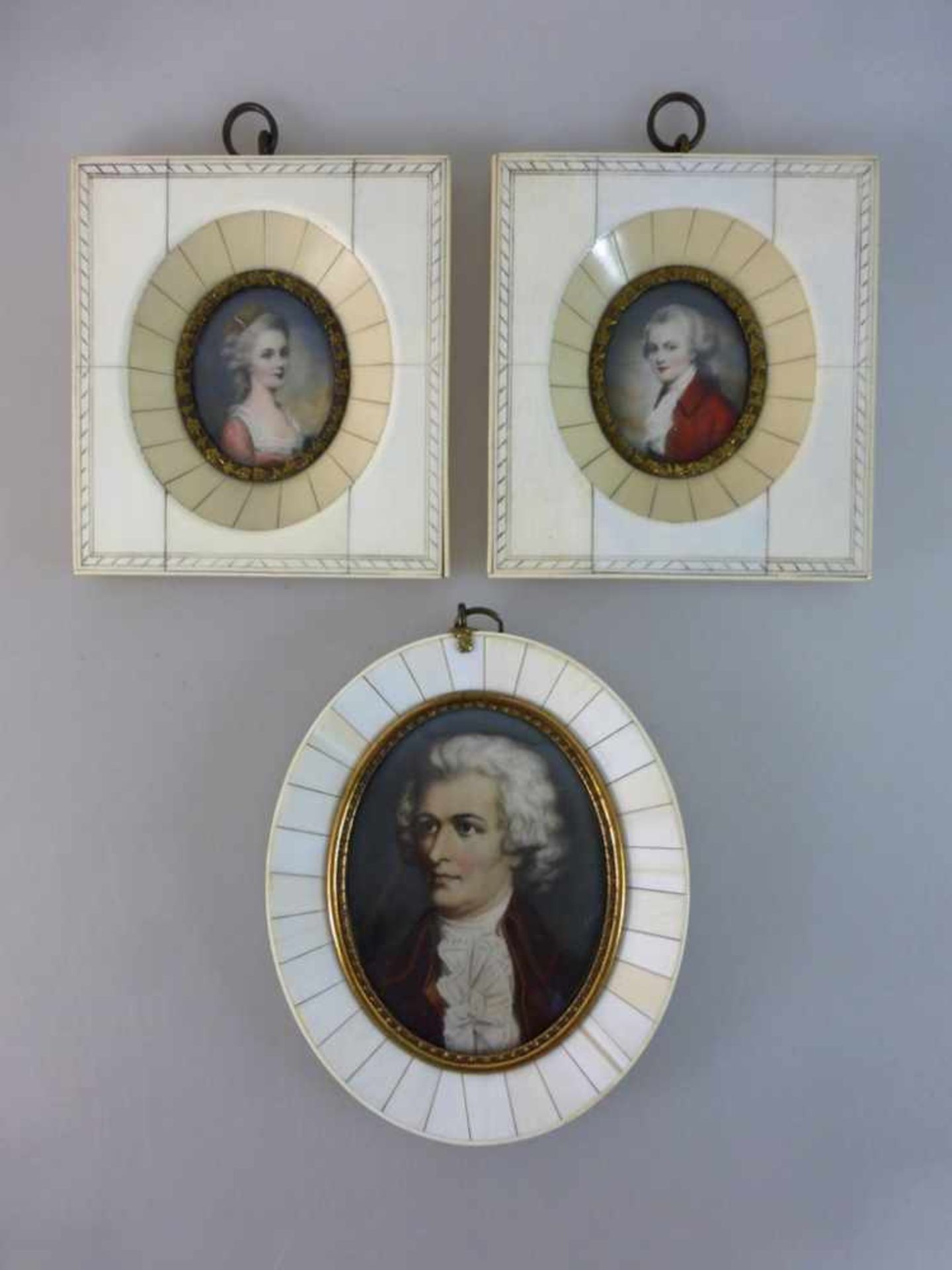 3 Miniaturen, gemalt auf Elfenbein, 2x Mozart, 1x Constanze Weber, 2x 10,5cm x 8,5cm u.12cm x