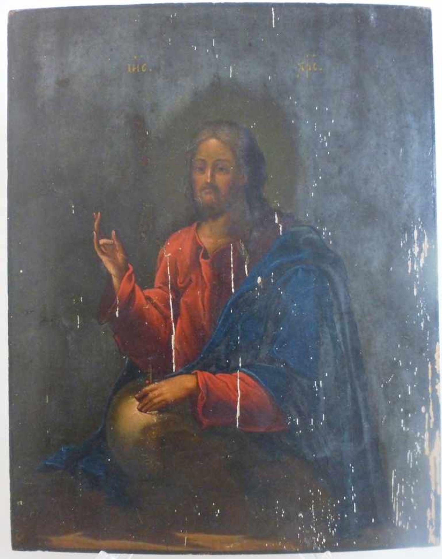 Ikone, Russland um 1800, Segnender Christus mit Weltkugel, Öl/Holz, Farbabplatzungen, 24cmx