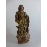 Skulptur um 1800, Holz vollrund geschnitzt, Mutter Gottes, reicher Faltenwurf,Altersschäden, Reste