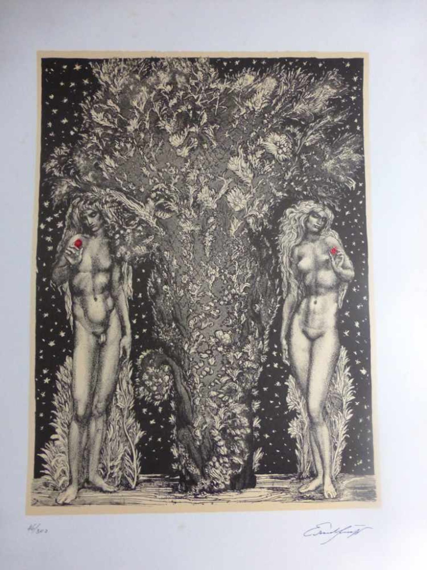 Fuchs, Ernst (1930 - 2015 Wien), Grafik "Adam und Eva", num. 46/300, Stempelsignatur, 57cmx 41,