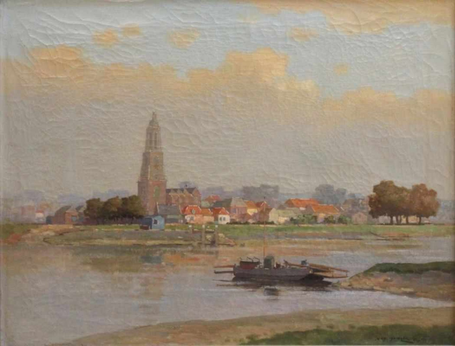 Gemälde - wohl Niederlande nach 1900 "Flußlandschaft mit Stadtansicht", r.u. unleserlich signiert,