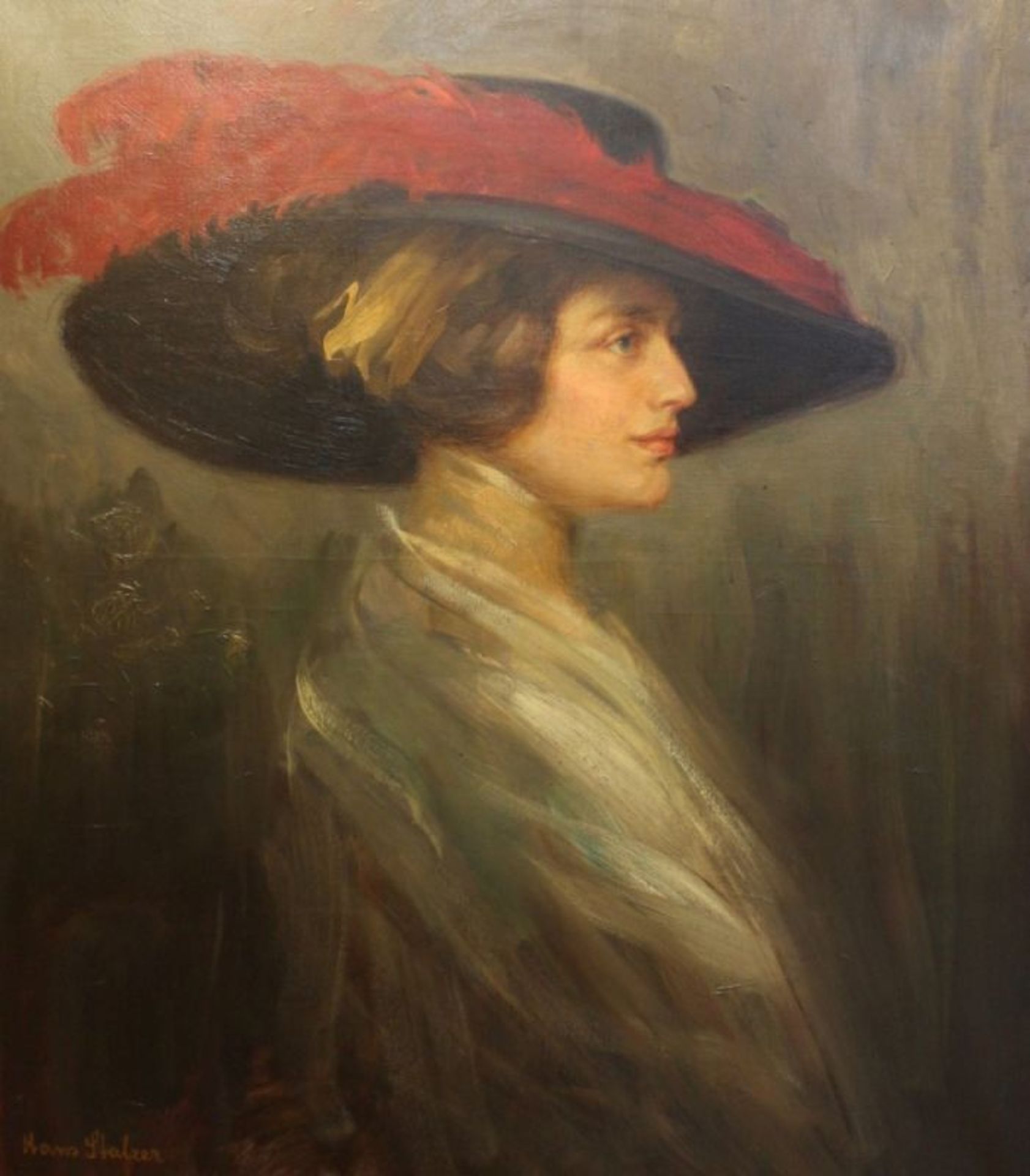 Gemälde - Hans Stalzer 1878 Wien - 1940) "Junge Dame mit Federhut", l.u. signiert, Öl auf