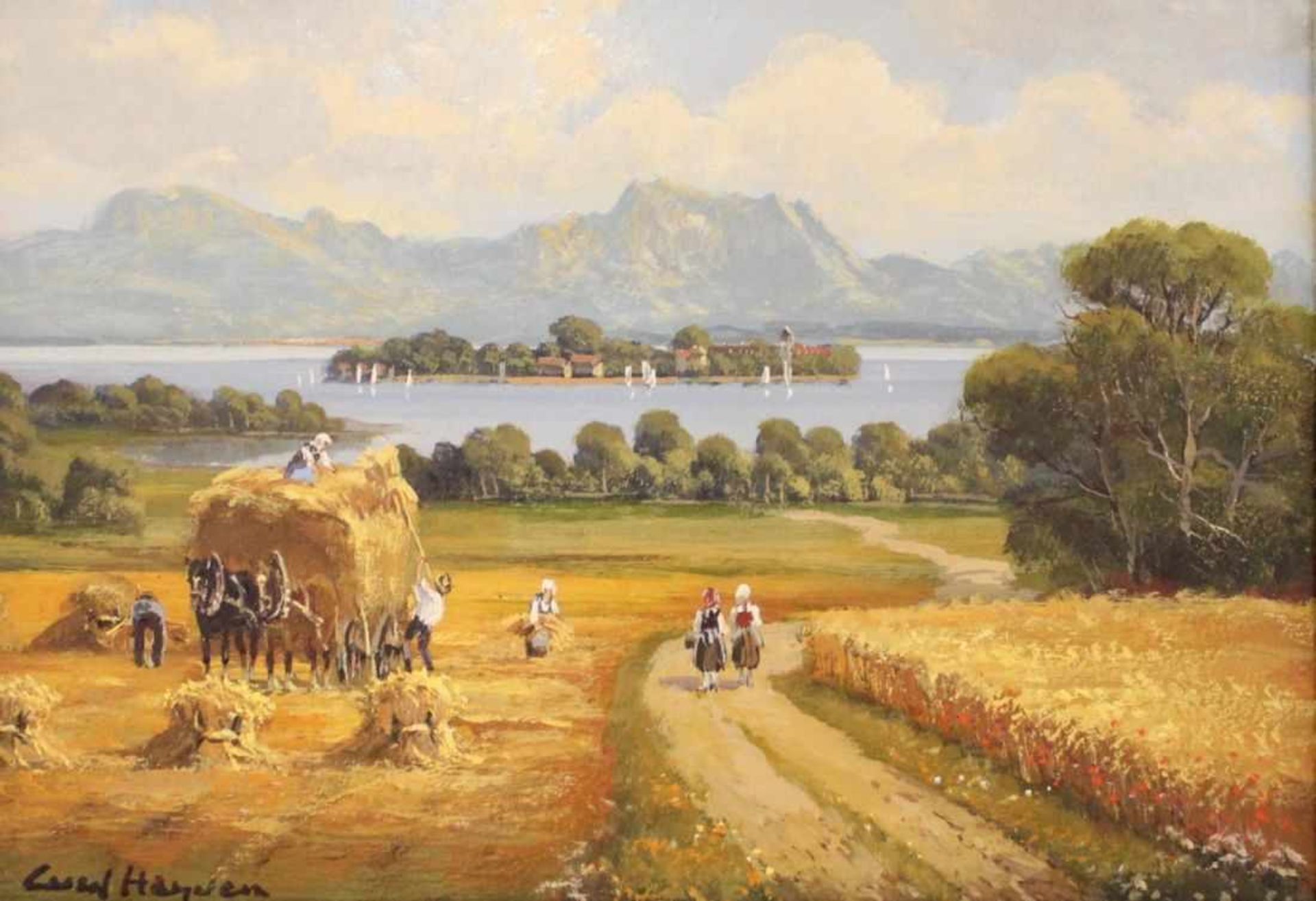 Gemälde - Curd Heyden (1936 Hohenberg a.d. Eger) "Chiemseelandschaft mit Fraueninsel, im Vordergrund