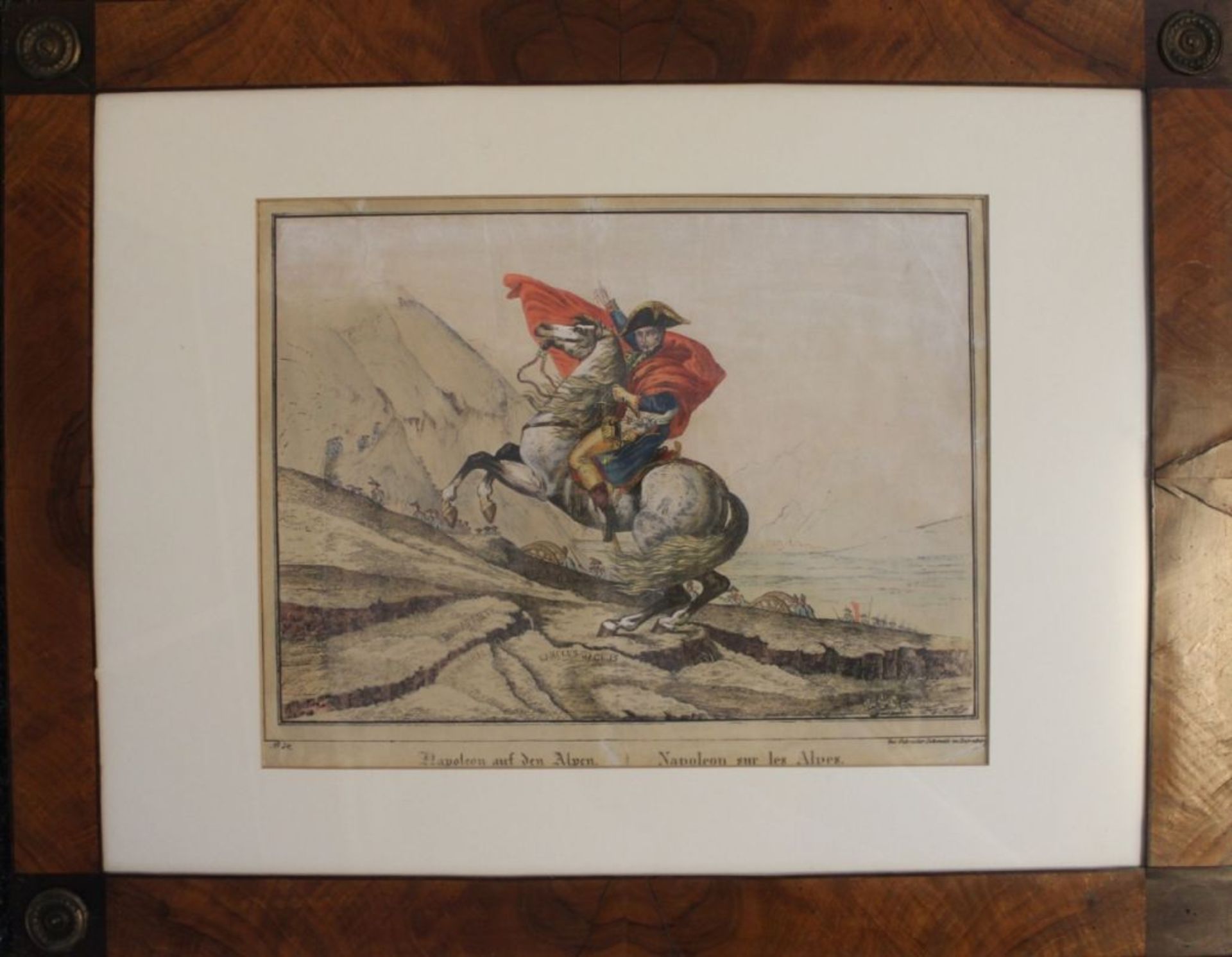 Lithographie - Gebrüder Schmitt (Nürnberg 19.Jahrhundert) "Napoleon auf den Alpen", koloriert,