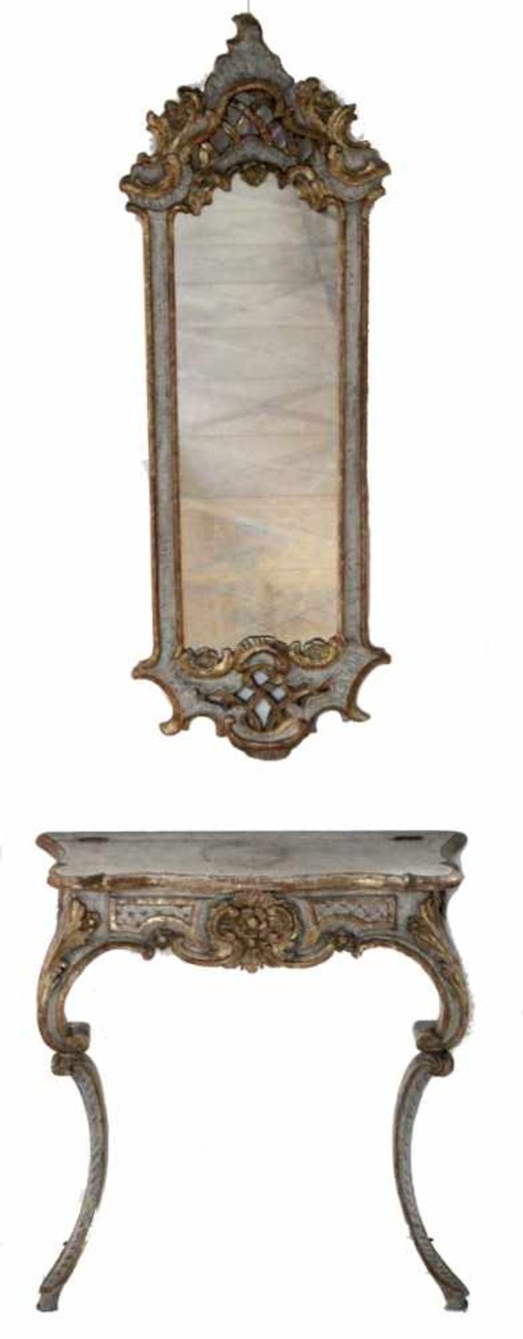Konsole und Spiegel im Barockstil wohl Italien 20.Jahrhundert, Holz geschnitzt, gefaßt und teilweise