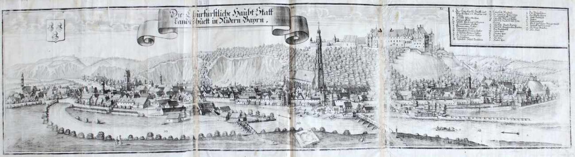 Kupferstich - Michael Wening (1645 Nürnberg - 1718 München) "Gesamtansicht von Landshut", starke