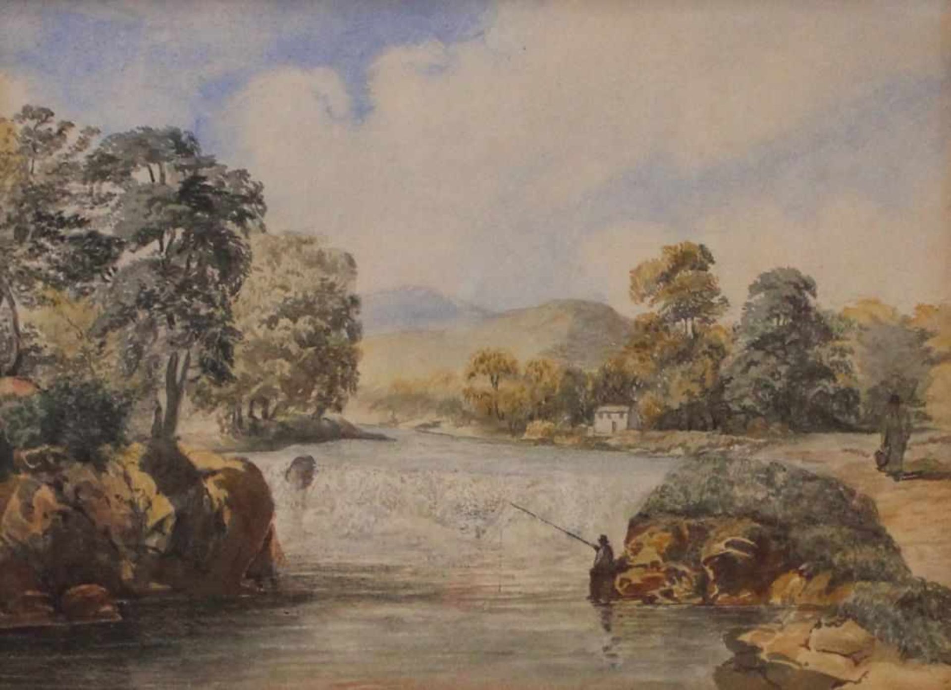 Aquarell - England nach 1900 "Landschaft mit Flußlauf und Angler", unsigniert, lasierende Farben auf