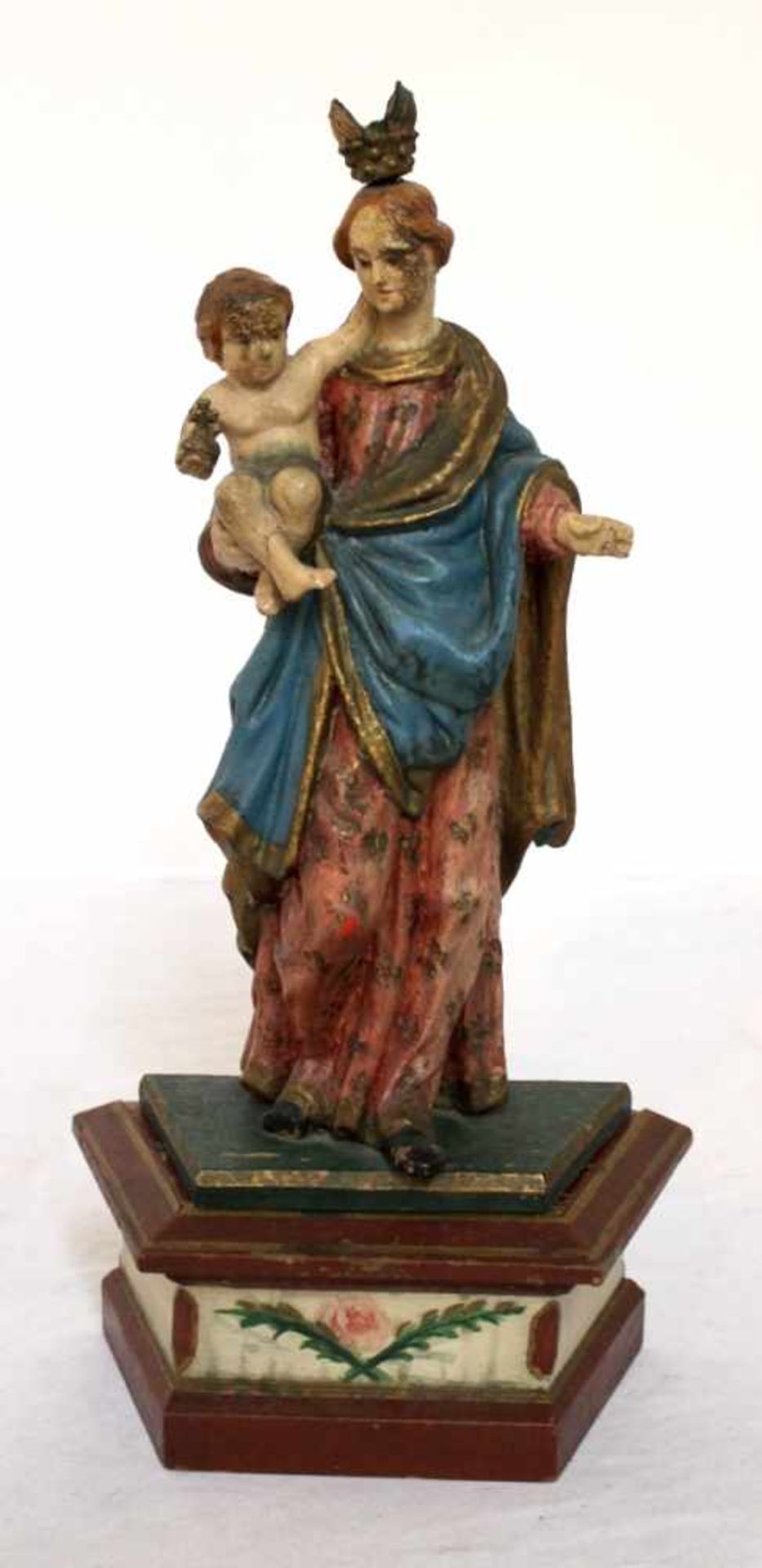 Figur - 19.Jahrhundert "Madonna mit Kind", Holz geschnitzt und gefaßt, Altersspuren, Höhe ca. 40 cm,