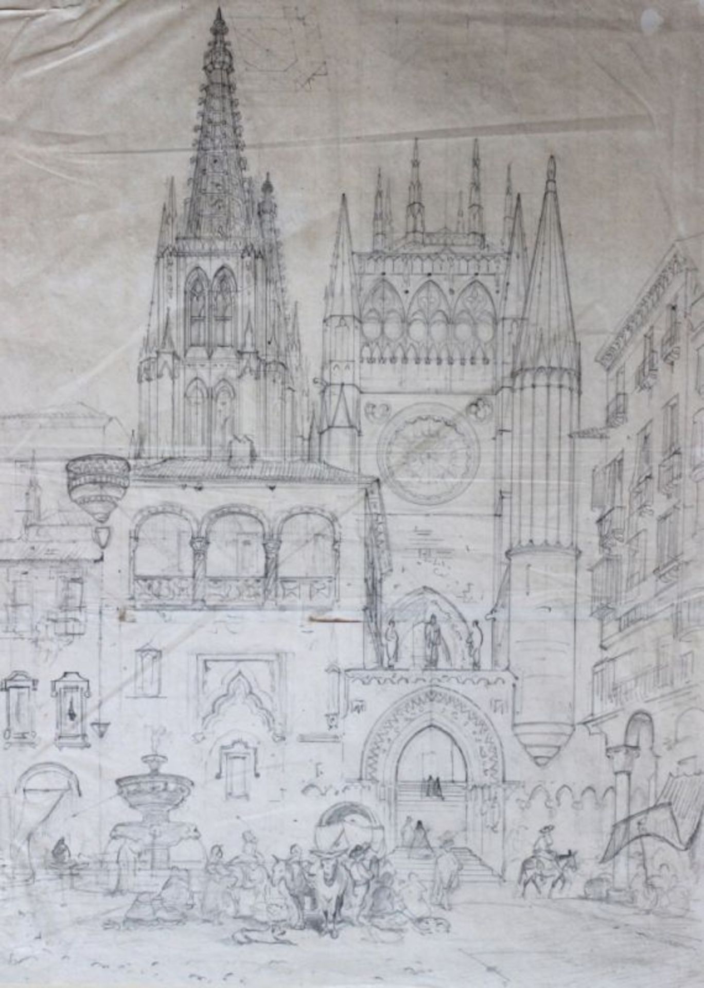 Zeichnung - Friedrich Eibner (1825 Hilpoltstein - 1877 München) "Die Kathedrale von Burgos"