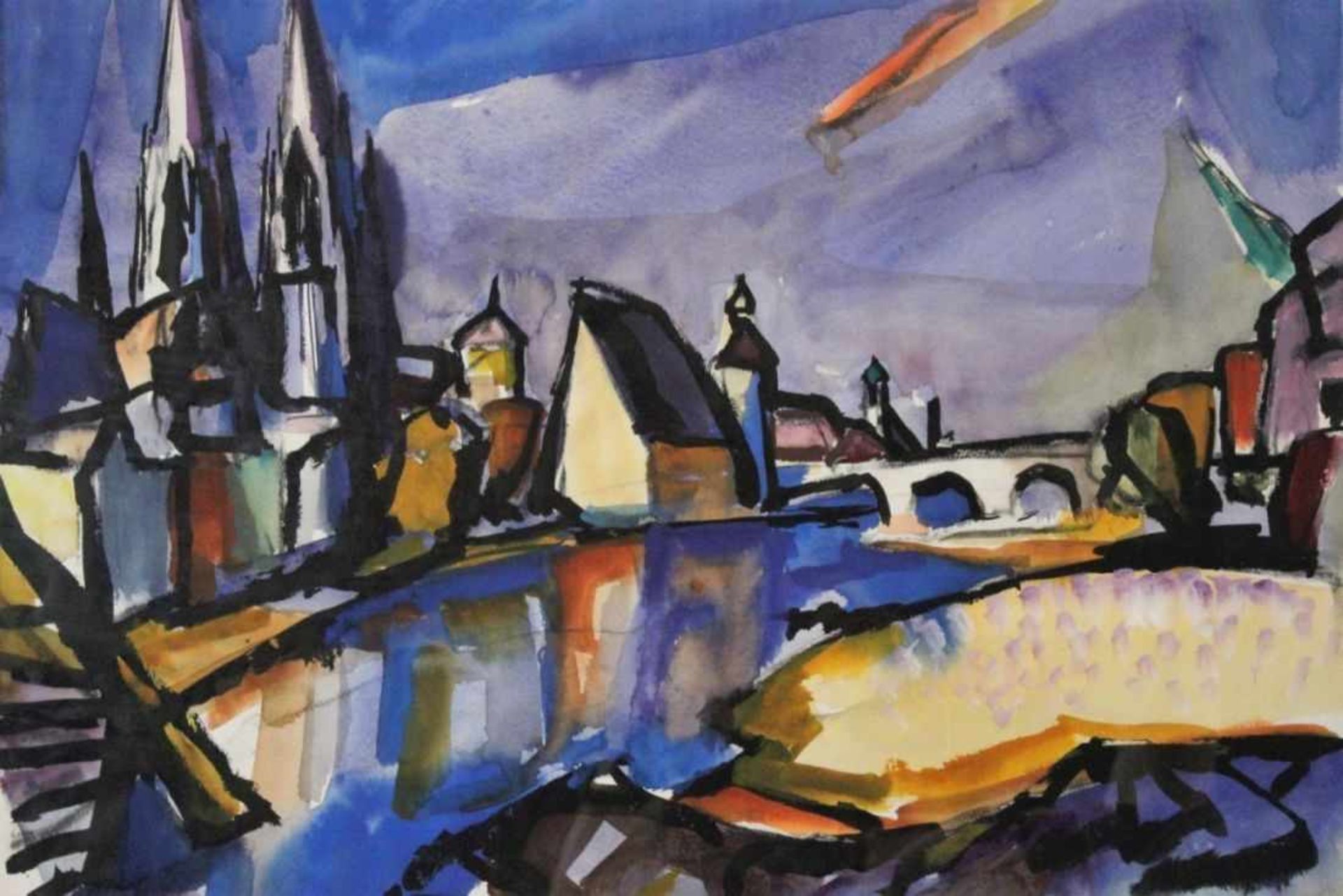 Aquarell - Willi Ulfig (1910 Breslau - 1983 Regensburg) "Stadtansicht Regensburg aus Sicht vom