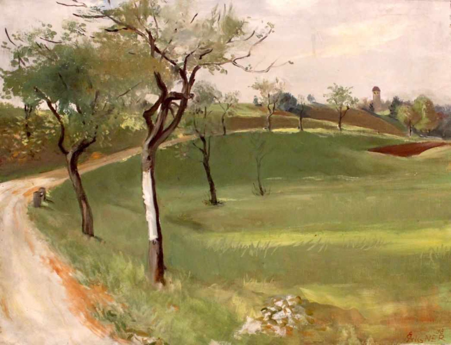 Gemälde - Eduard Aigner (1903 Neuhaus - 1978 München) "Landschaft, im Hintergrund Burg Veldenstein