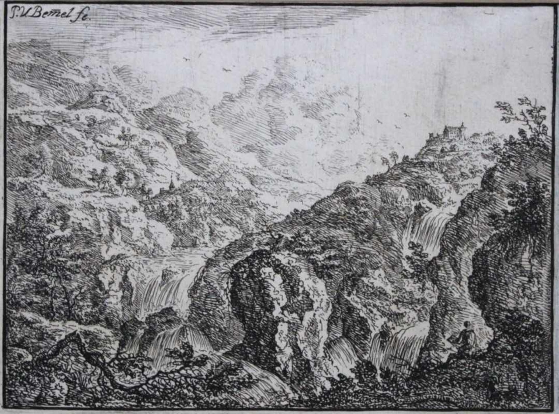 Radierung - Peter von Bemmel (1685 Nürnberg - 1754 Regensburg) "Landschaft mit Wasserfall", r.o.