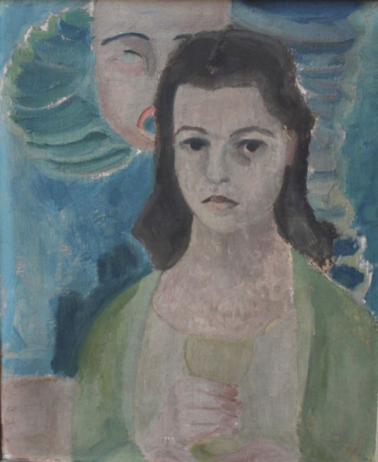 Gemälde - Anonym (XX.Jahrhundert) "Damenbildnis mit Maske", unsigniert, Öl auf Malerpappe,
