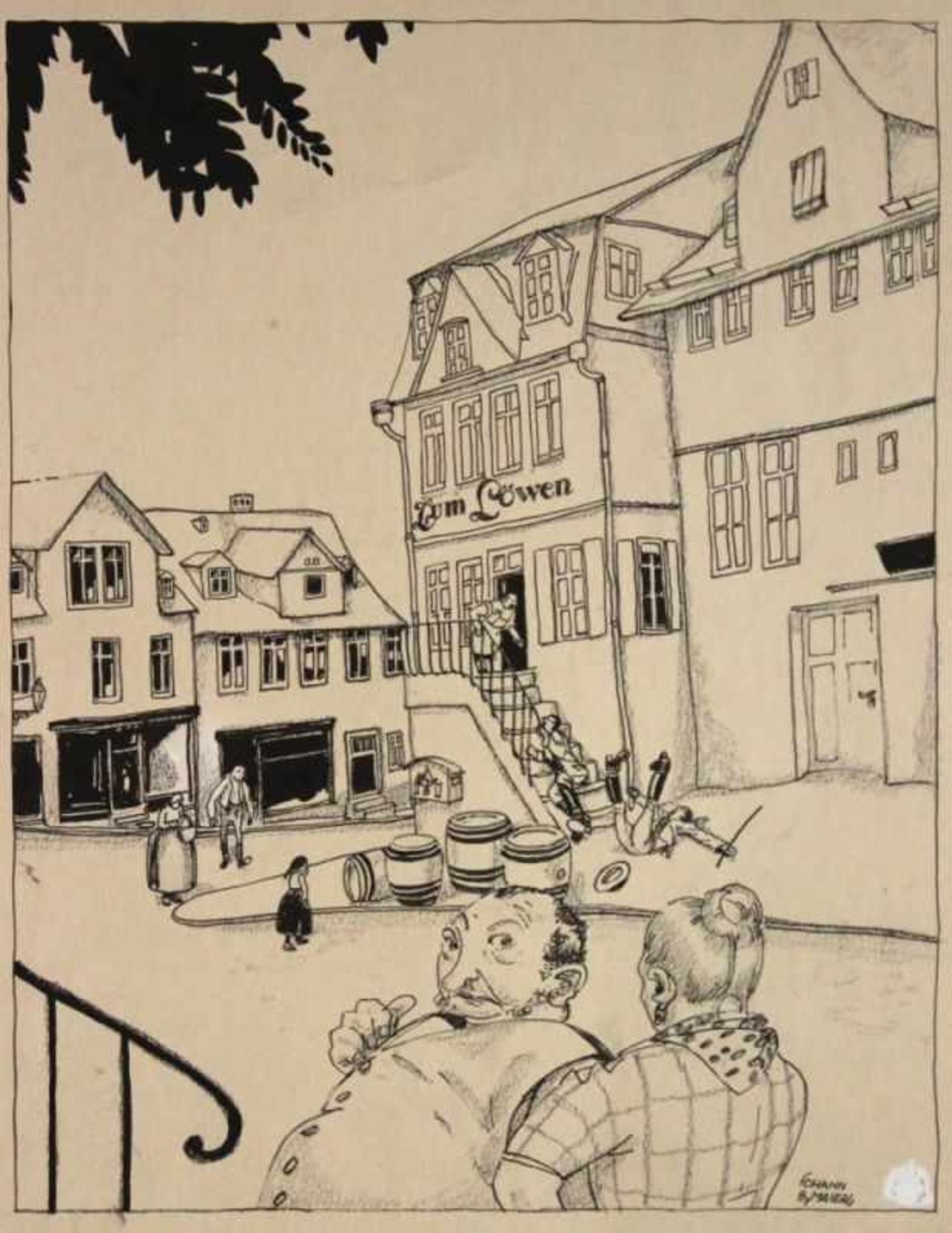 Zeichnung - Johann Baptist Maier (1881-1957) "Wirt: "Schau, Alte, drüber Konkurrent, der