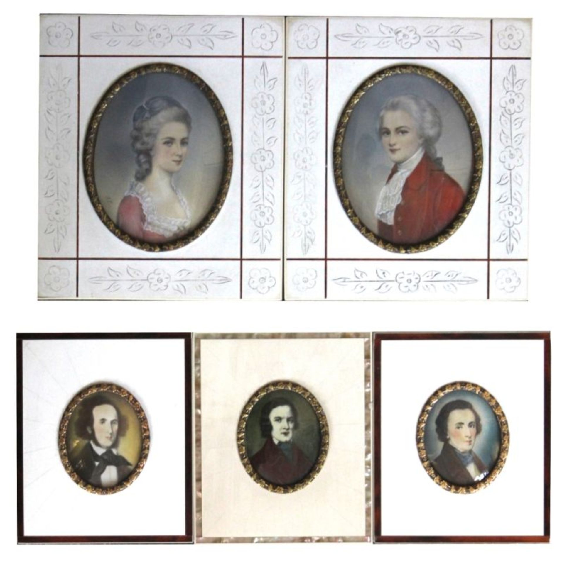 Lot von 5 Miniaturen auf Elfenbein, im Rahmen, 2x Portraits von Mozart und seiner Braut, Maße 13,