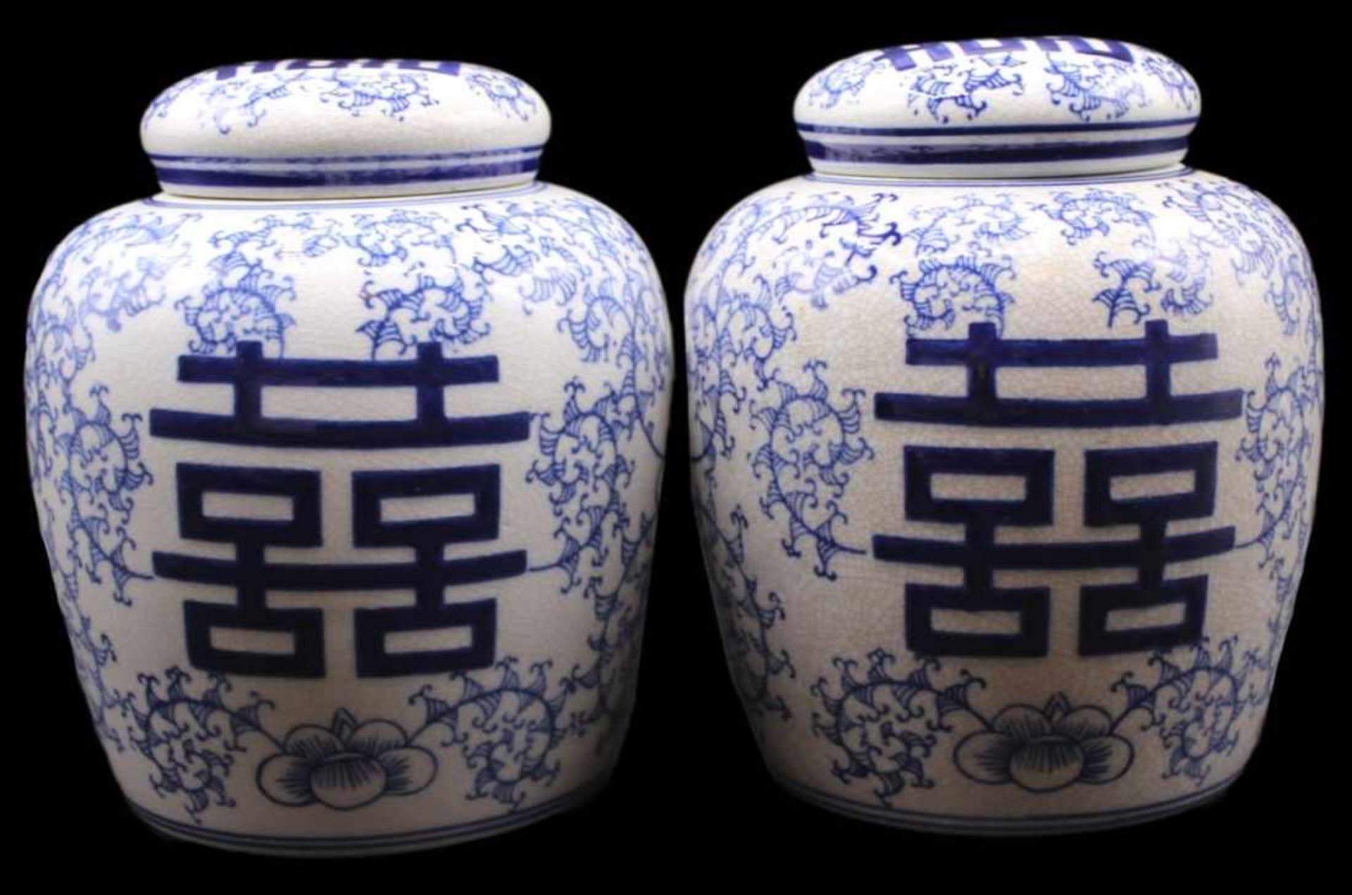 Paar Deckelvasen - China 20.Jahrhundert Porzellan glasiert und in Blau staffiert, verziert mit