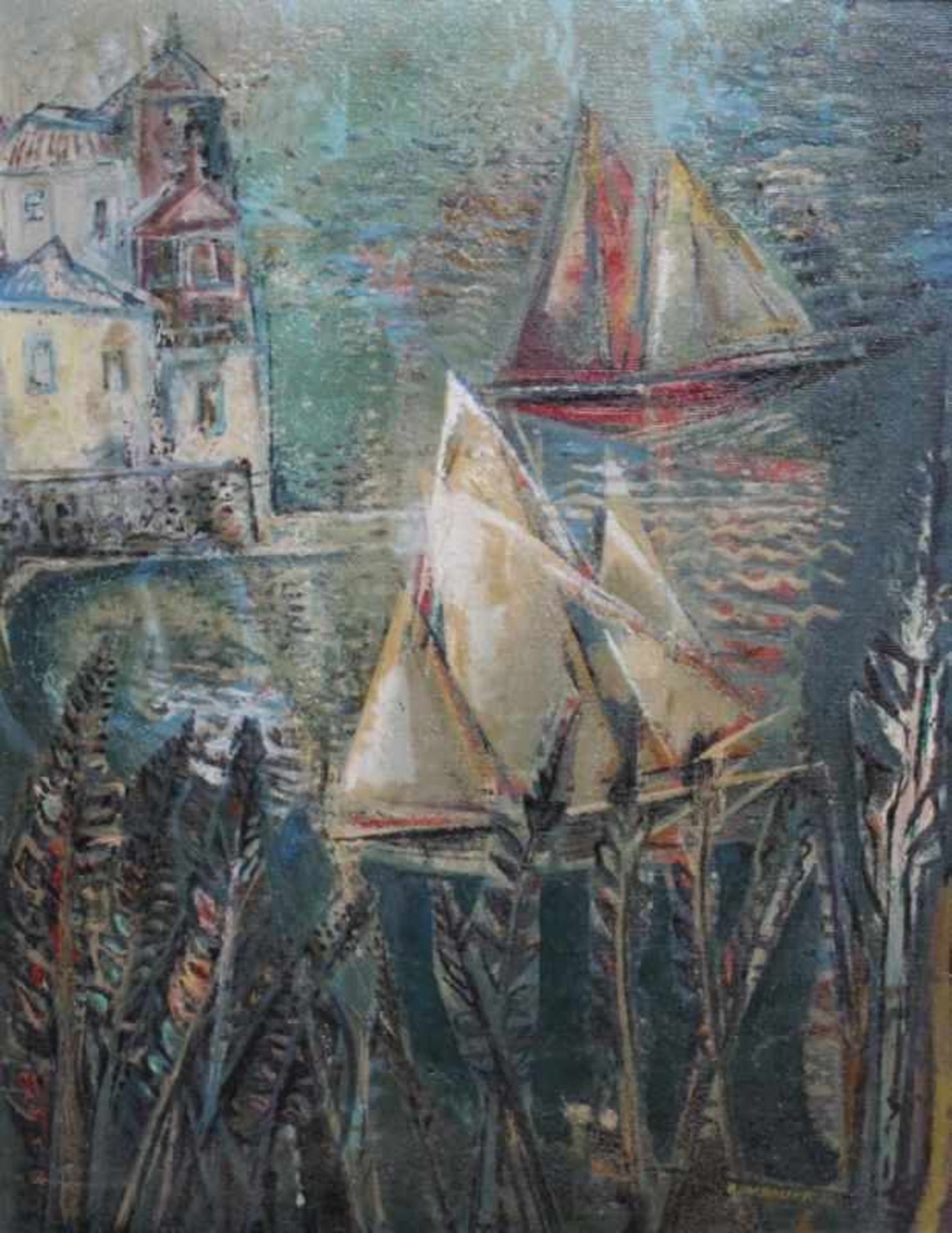 Gemälde - Alfons Maria Bauer (1912 Arrach bei Falkenstein) " Hafen mit Segelbooten ", r.u.signiert