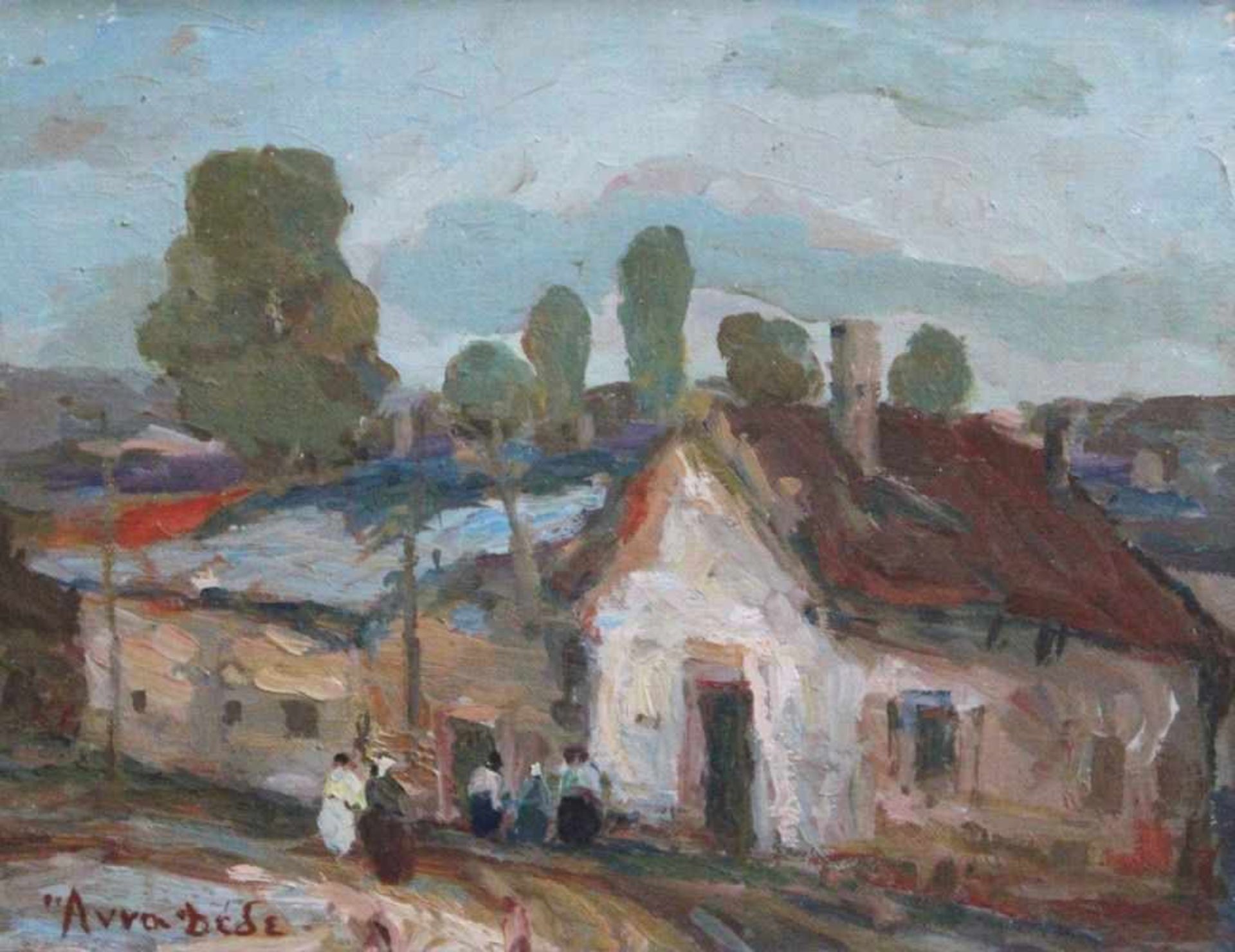 Gemälde - Unbekannt (XX.Jahrhundert) "Landschaft mit Dorfansicht", l.u. unleserlich signiert (