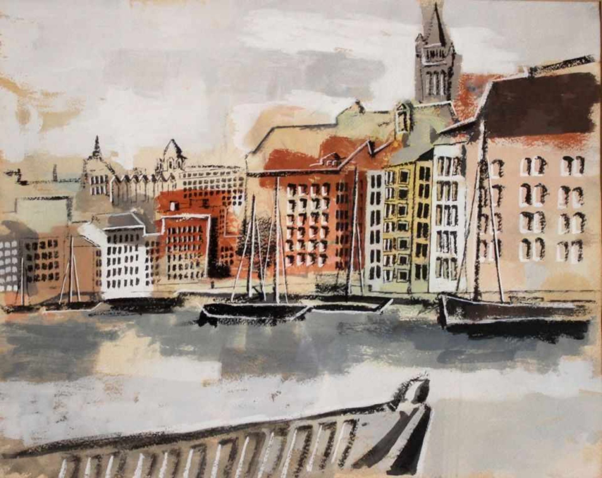 Aquarell - Xaver Fuhr (1898 Neckarau b. Mannheim - 1973 Regensburg) "Altes Hafenviertel", um 1938/