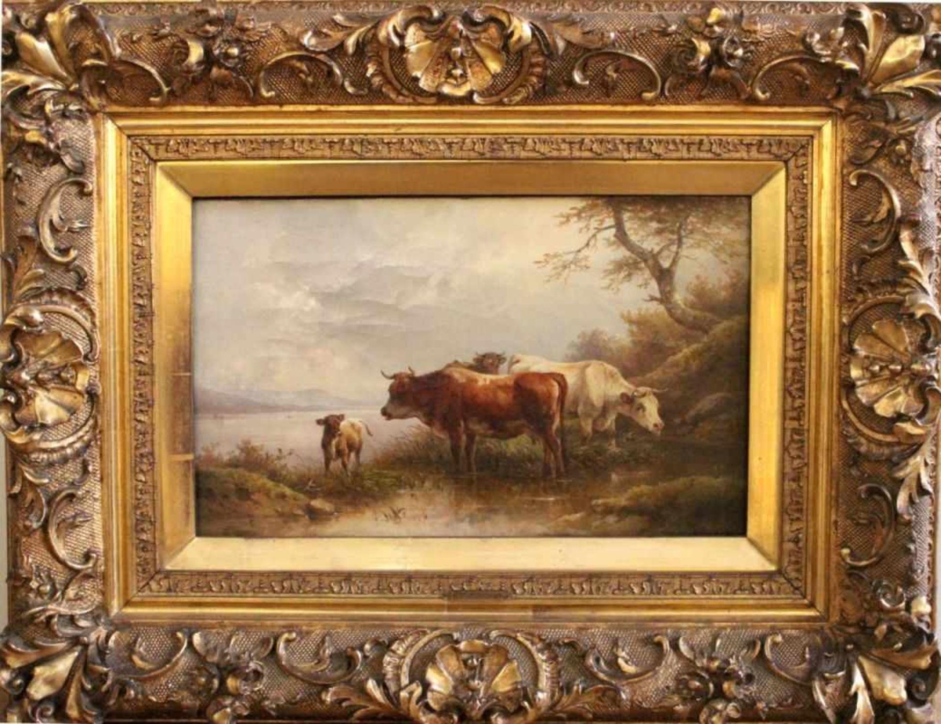 Gemälde - Edmund Mahlknecht (1820 Wien - 1903) "Kühe am Seeufer", r.u. signiert E. Mahlknecht, Öl