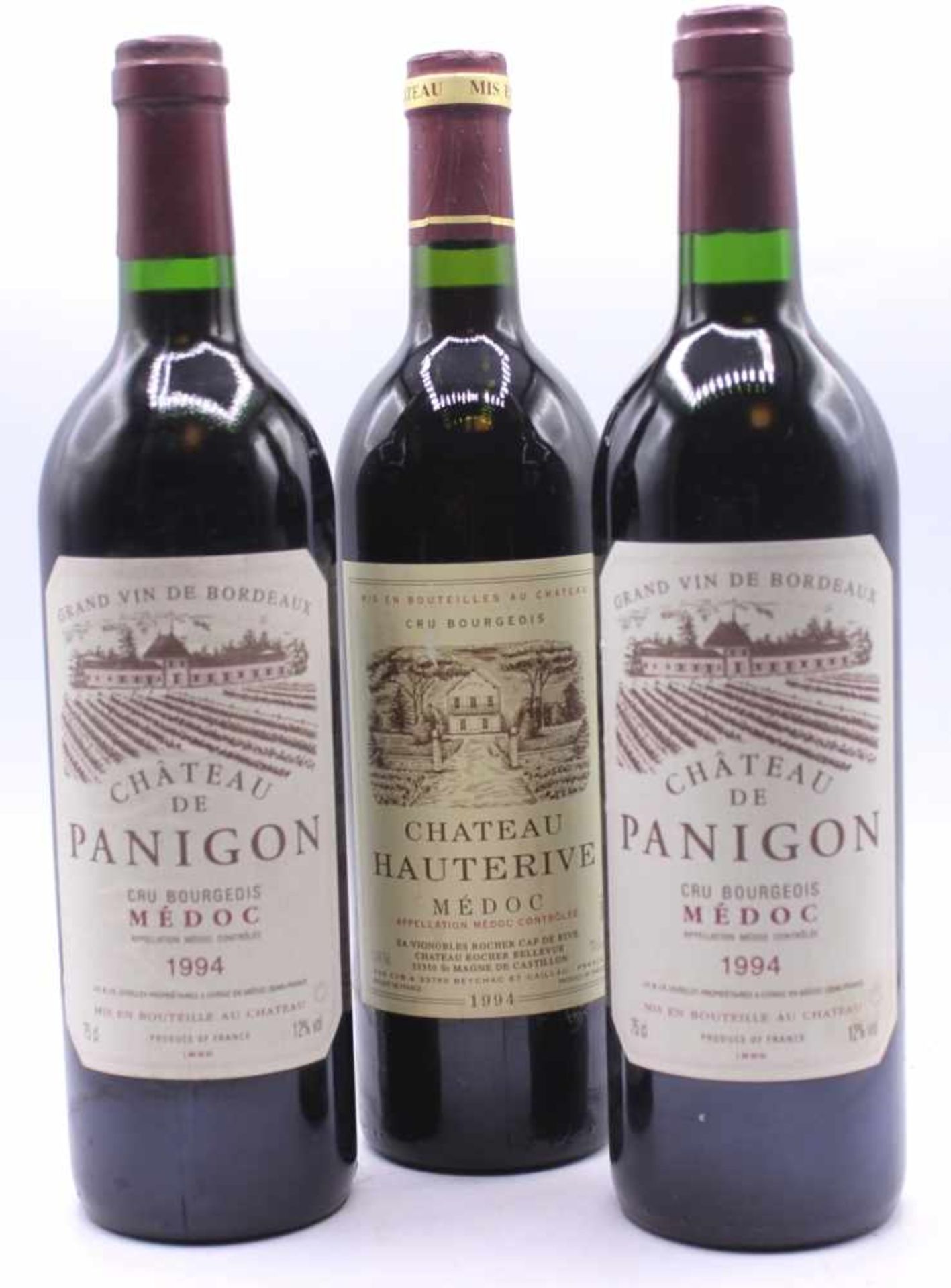 3 Flaschen Wein 2x Chateau de Panigon Cru Bourgedis Medoc 1994, Grand Vin de Bordeaux, 12%Vol.. 75