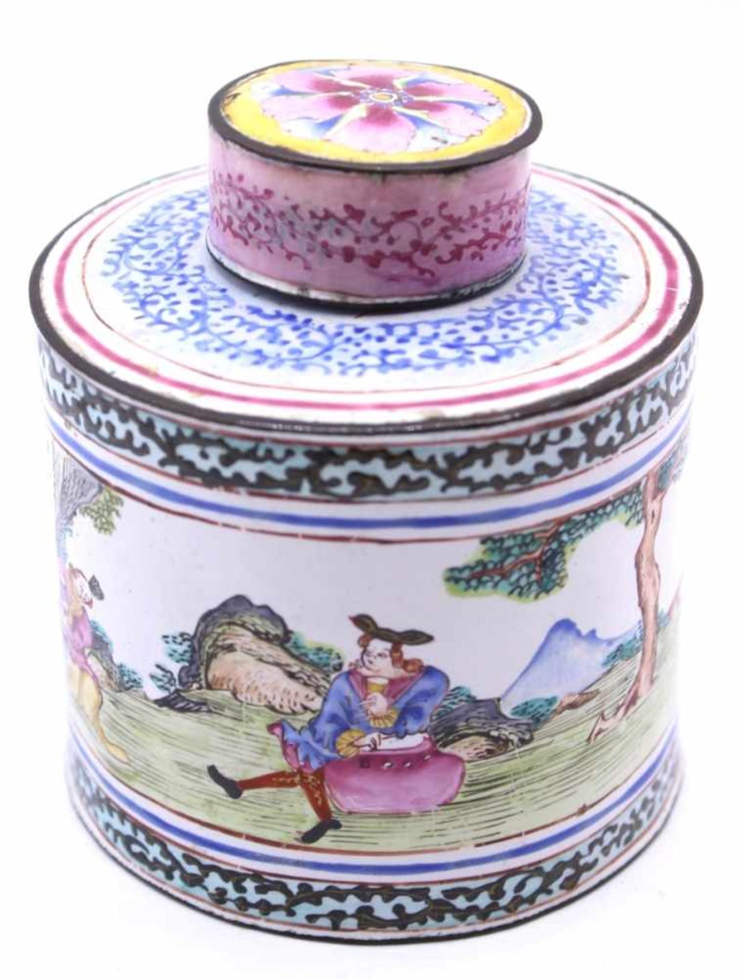 Teedose - wohl China 19.Jahrhundert Cloisonne-Arbeit, ungemarkt, bemalt mit chinesischer