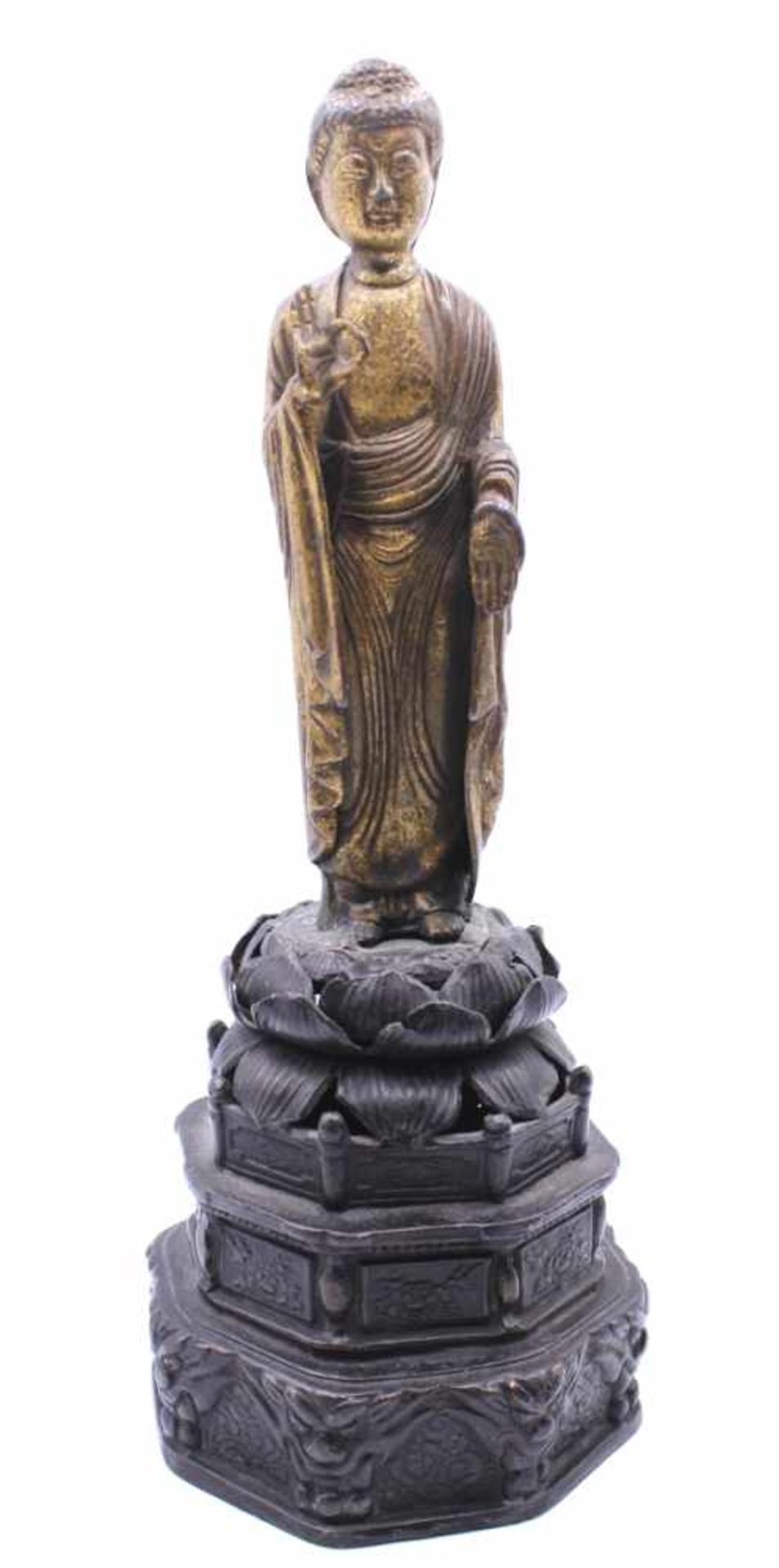 Figur - Asien 20.Jahrhundert "Stehender Buddha auf Lotussockel", Zinkguß bronziert, Altersspuren,