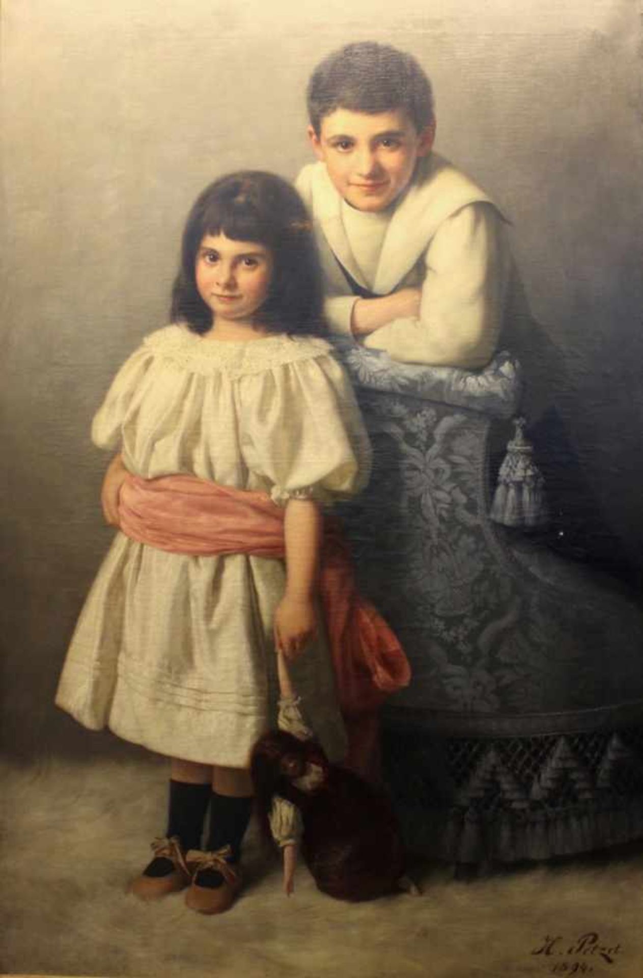 Gemälde- Hermann Petzet (1860 Bonnland - 1935 München) "Geschwisterpaar mit Puppe und Bergére", r.u.