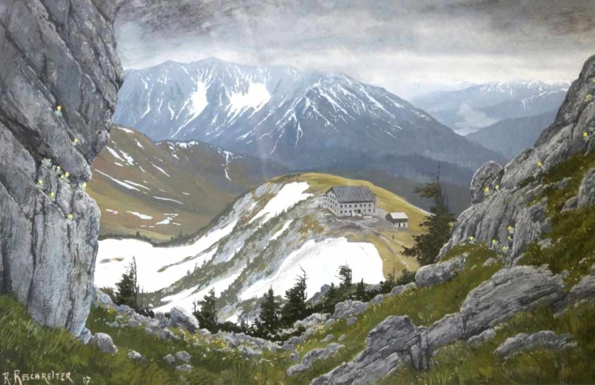 Gouache - Rudolf Reschreiter ( 1868 - 1939 München) "Alpenpanorama mit Berghütte", l.u. signiert und