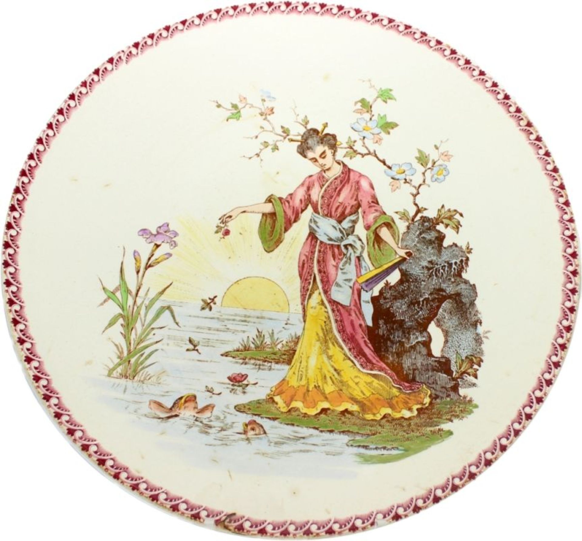 Wandteller - Marke Villeroy & Boch um 1900, Wallerfangen, "Seeidylle mit Geisha", bemaltes
