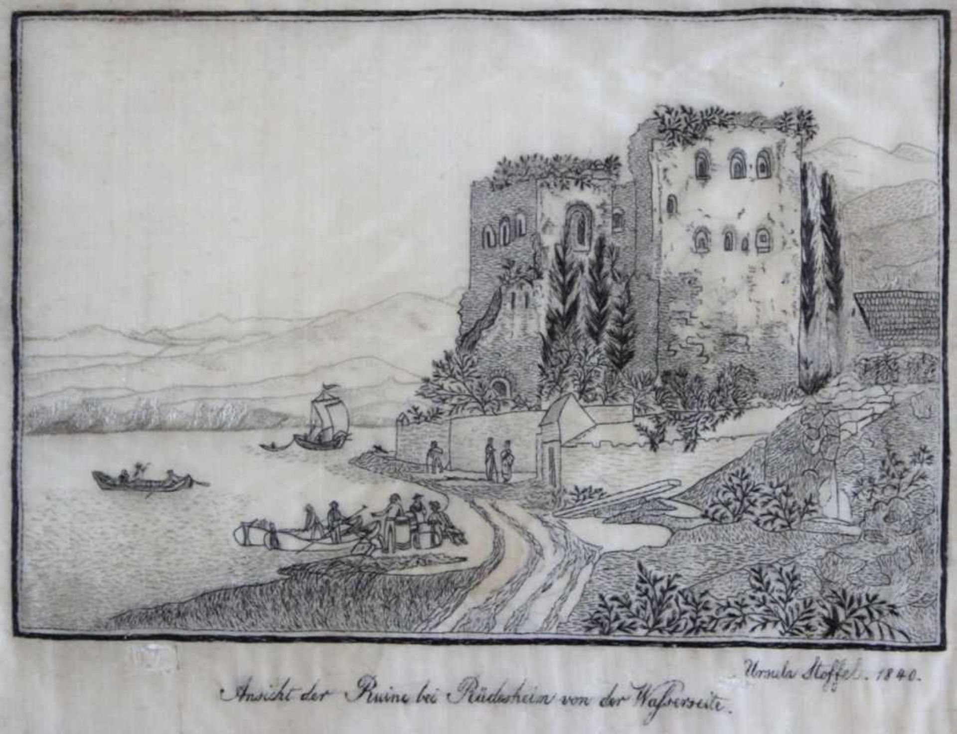 Stickbild - Biedermeier 19.Jahrhundert "Ansicht der Ruine bei Rüdesheim (am Rhein) von der