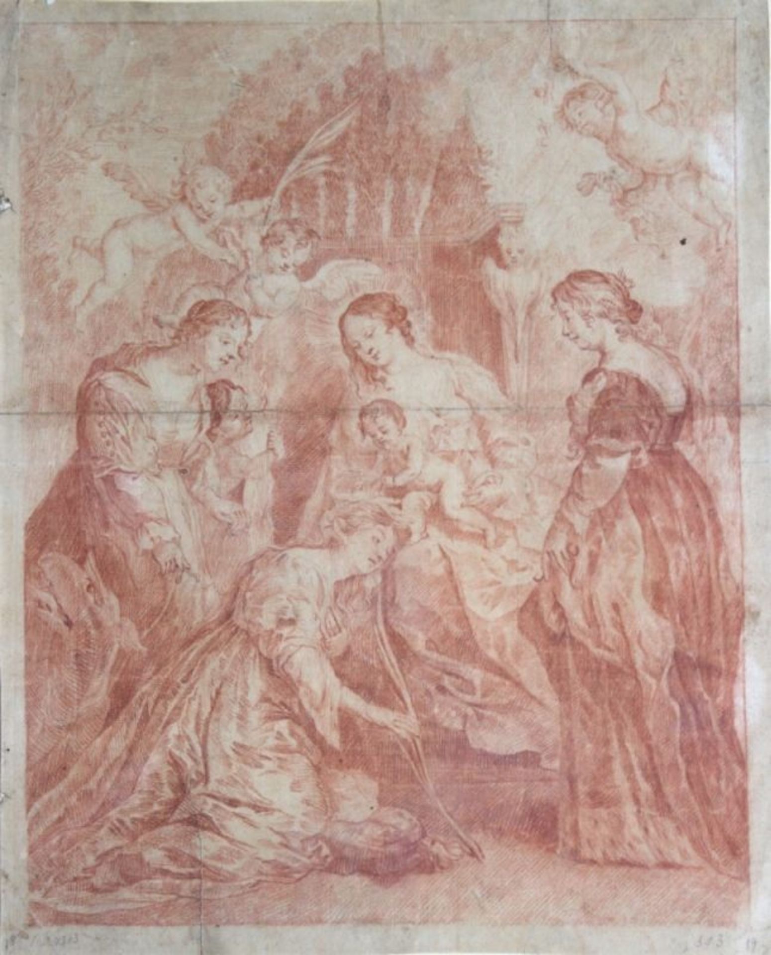 Rötelzeichnung - wohl flämische Schule 17. Jahrhundert "Thronende Maria mit dem Christkind, im