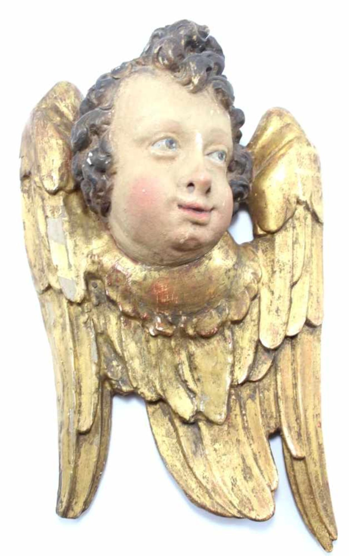 Figur - Barock 18.Jahrhundert Geflügelter Engelskopf, Holz geschnitzt, gefaßt und teilw.