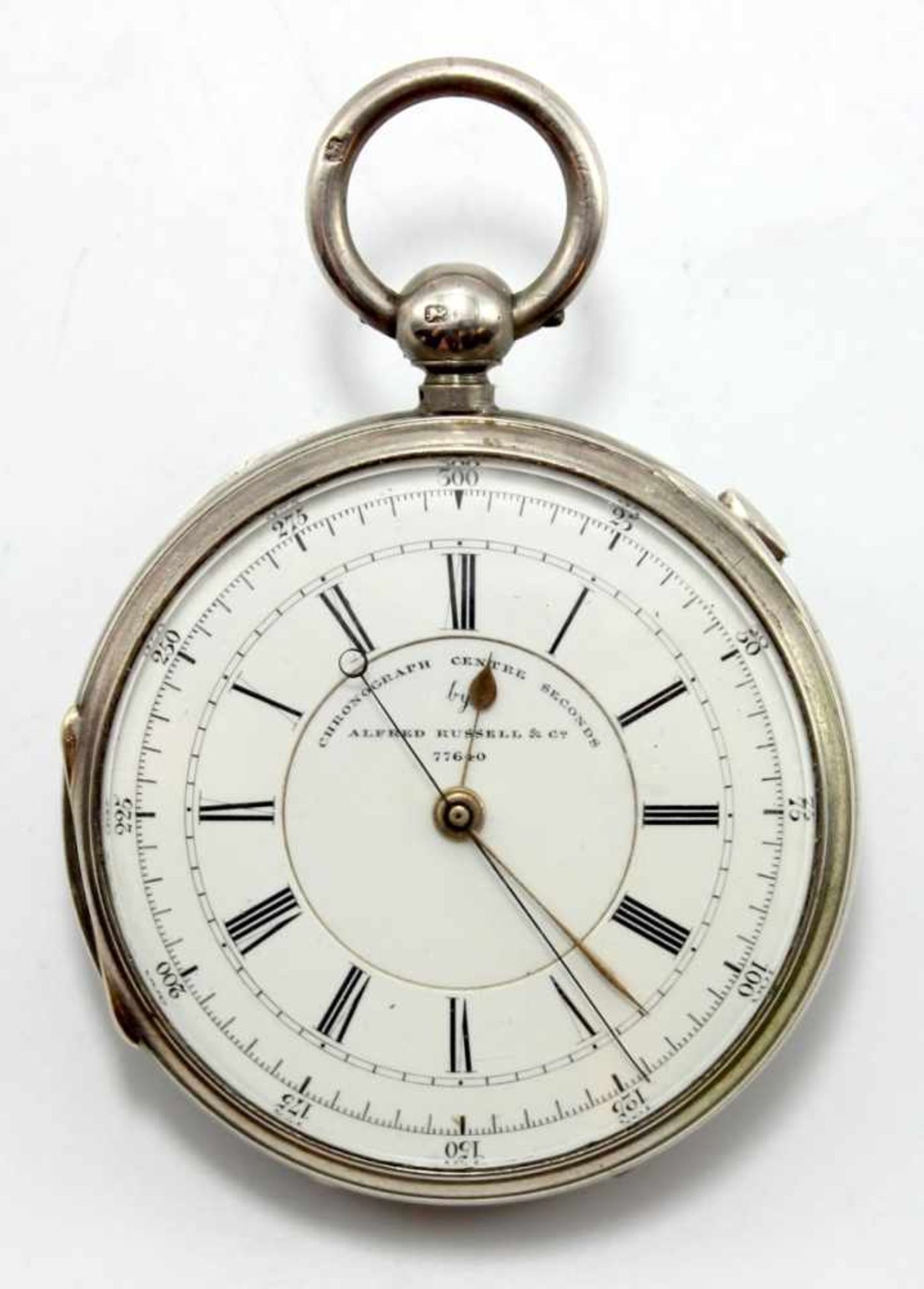 Offene silberne Taschenuhr - Marke Alfred Russell&Co. Hofliferant - Chronograph Centre Seconds No.