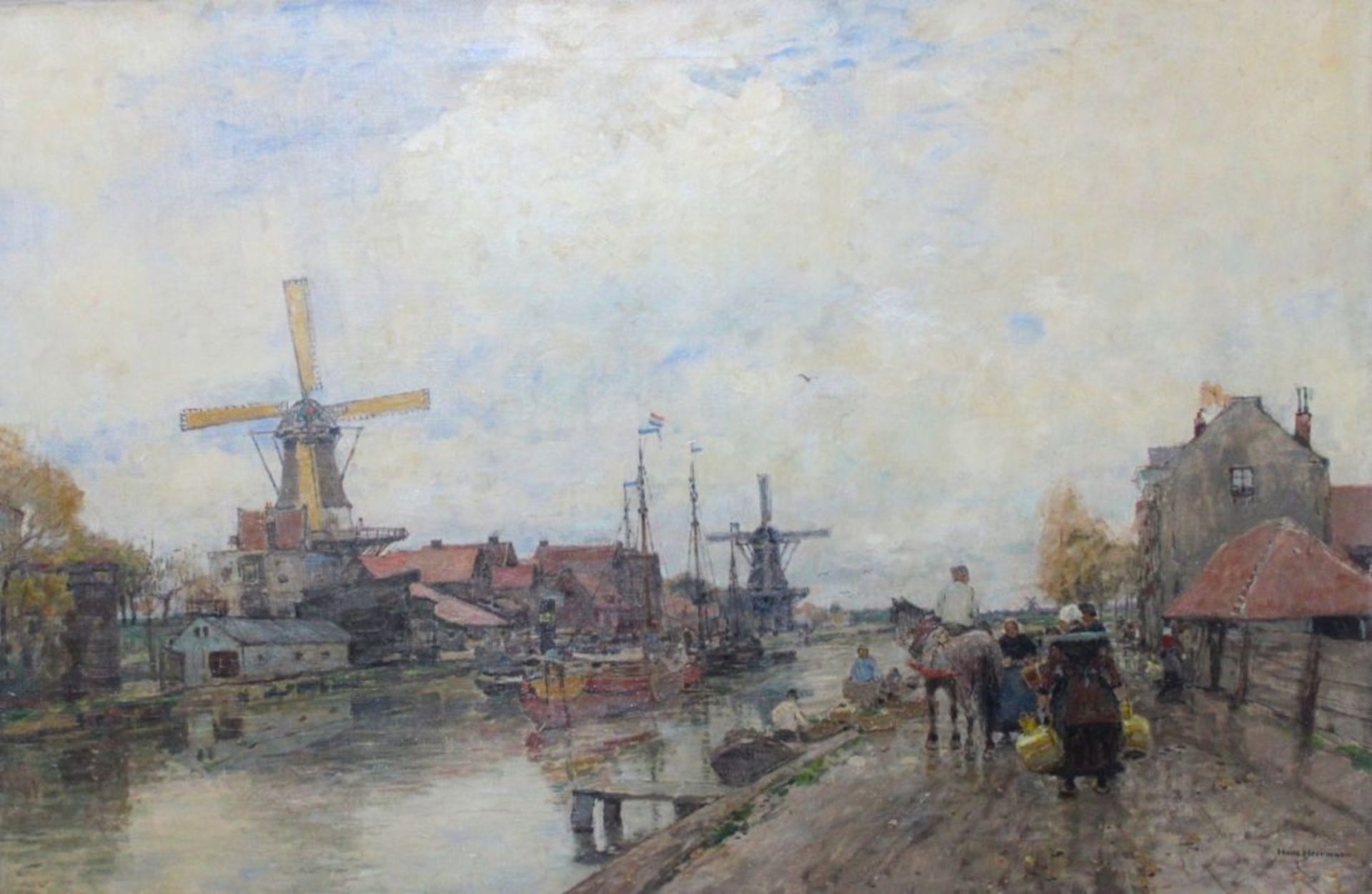 Gemälde - Hans Herrmann (1858 Berlin 1942) "Holländische Flußlandschaft mit Mühlen und Marktleuten",
