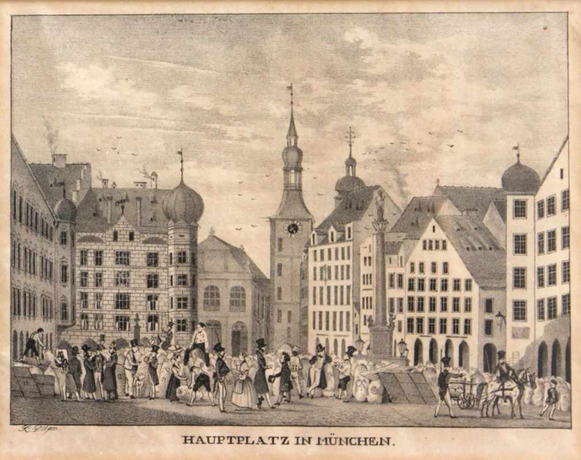 Lithographie - Johann Baptist Dilger (1814 München 1847) "Hauptplatz in München", Maße Darstellung