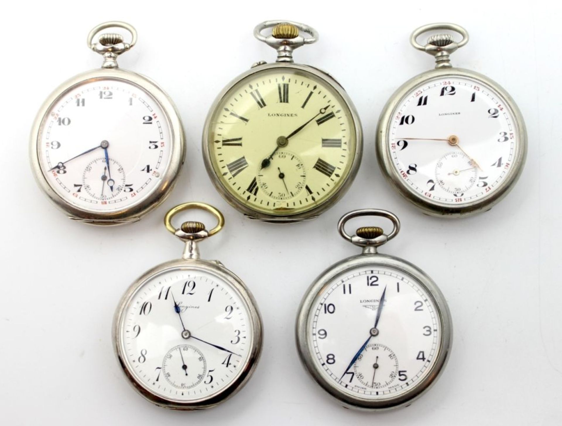 Lot von 5 offenen Taschenuhren - Marke Longines 2x in Silbergehäuse 800 und 900 Silber gest., 3x