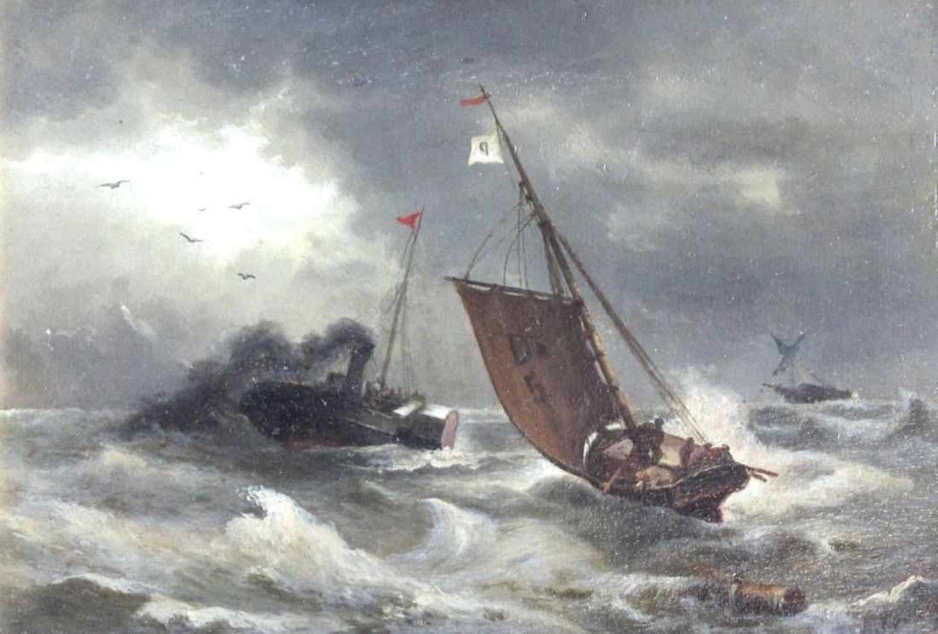 Gemälde - wohl Skandinavien um 1900 "Stürmische See mit Raddampfer und Segelbooten", r.u. undeutlich