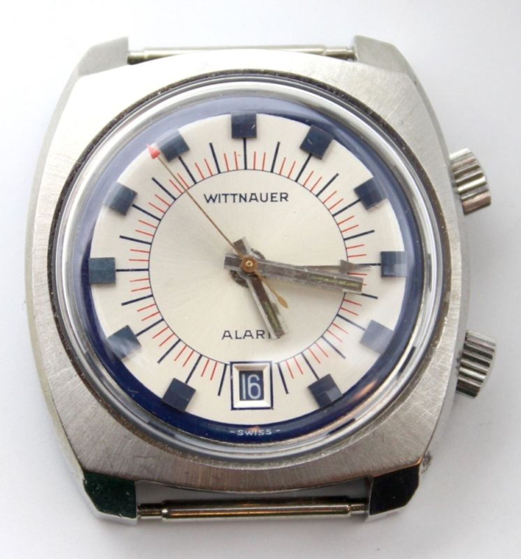 Armbanduhr - Marke Wittnauer (Schweiz) um 1965, Stahlgehäuse, Alarm, Datumsanzeige, mechanisches