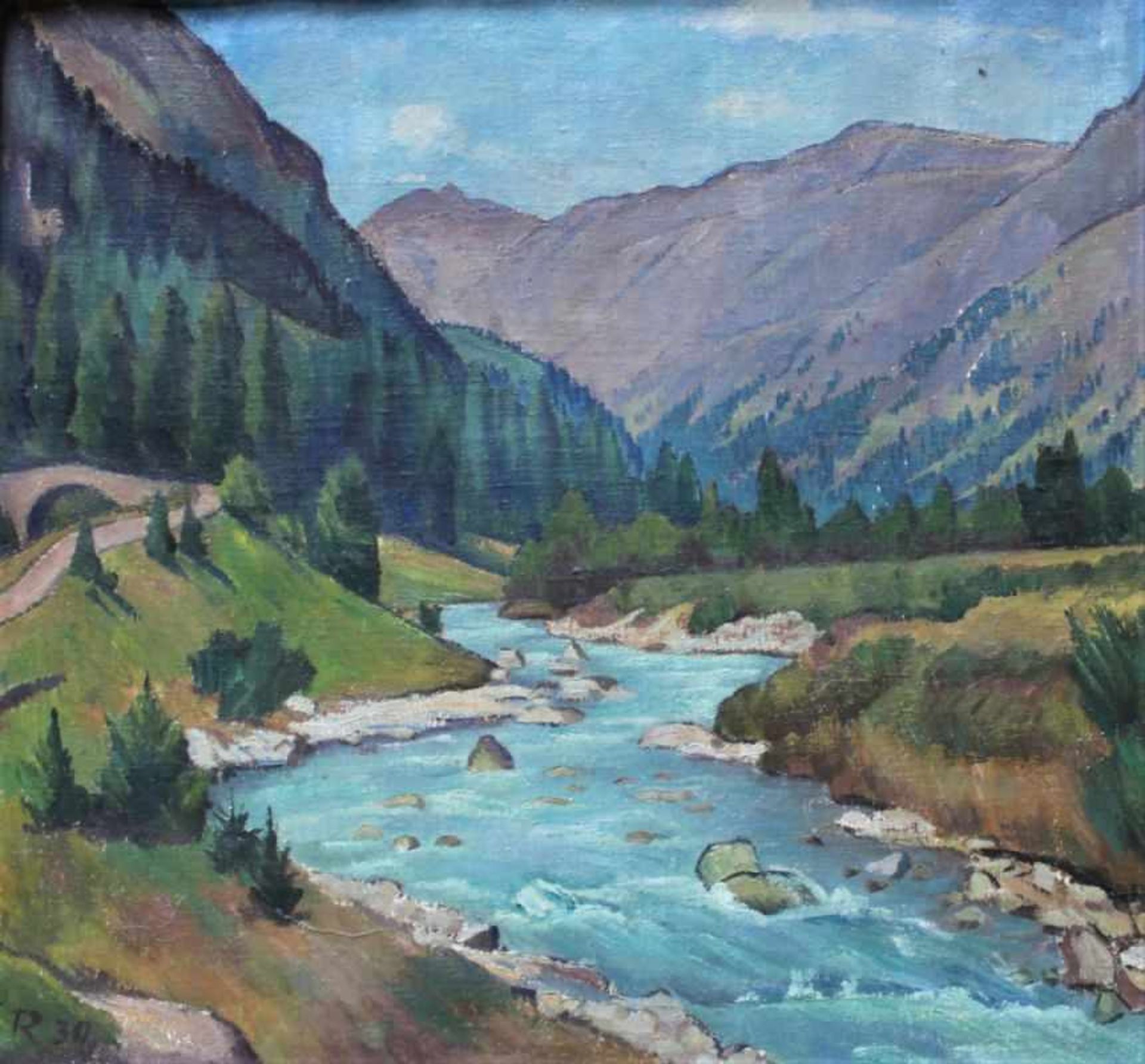 Gemälde - Clara RÜHLE (1885 Stuttgart -1947 Hayingen) "Gebirgsbach in Val Bever Engadin (