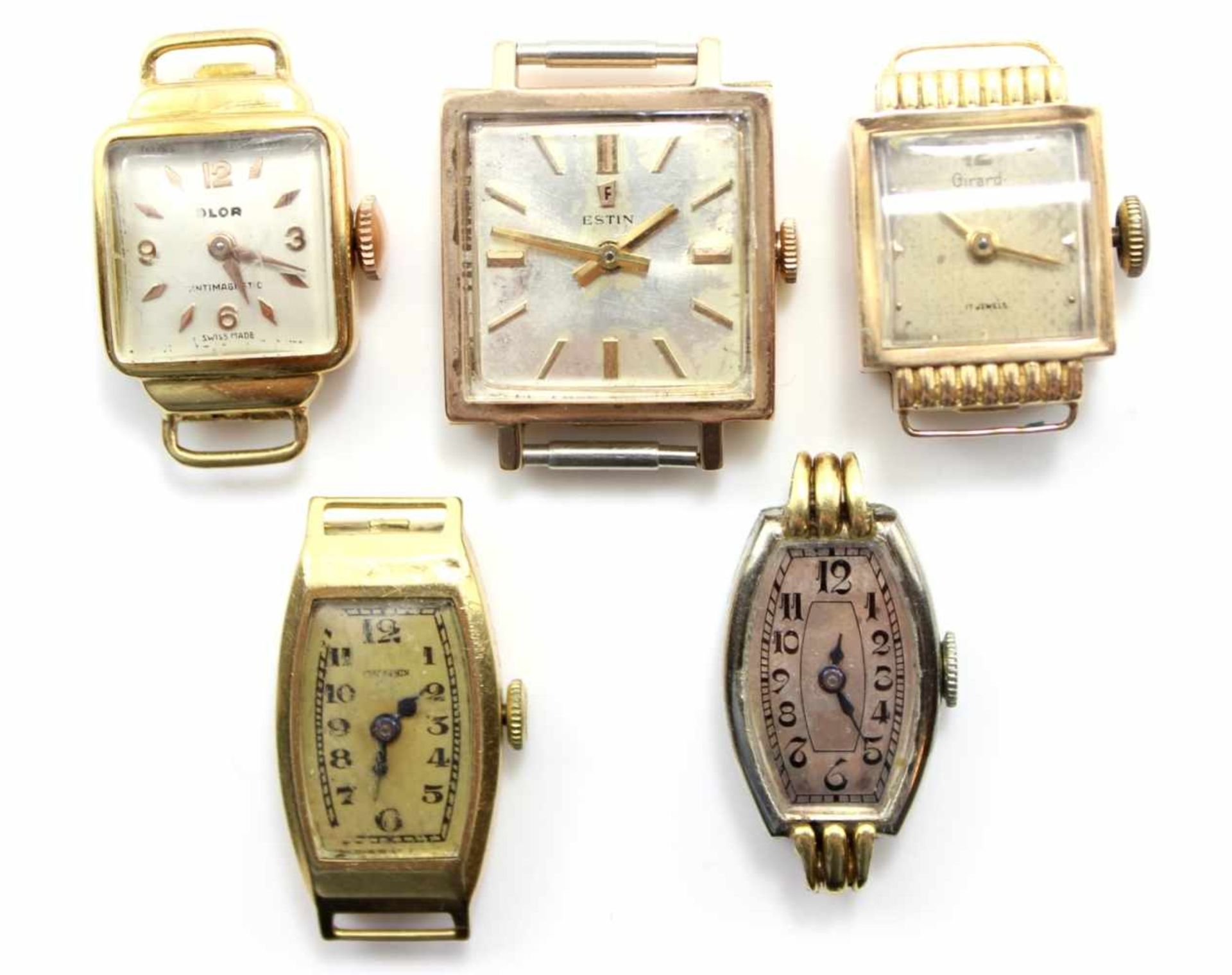 Lot von 5 gold. Damenuhren (ohne Armbänder) Marke Festina, Girard Perregaux, Olor, Criterion, quadr.